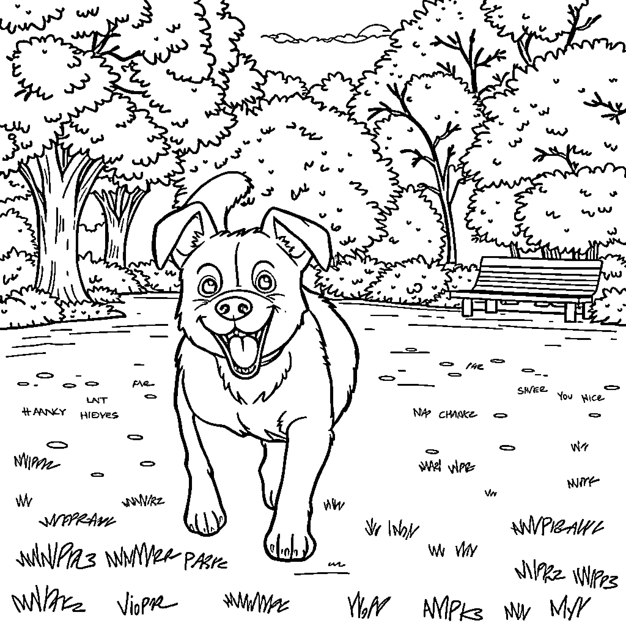 Dog happily running through the park Coloring Page (free black-and-white line drawing printable PDF for all, from beginners to advanced learners, including children, teens, adults, and seniors)