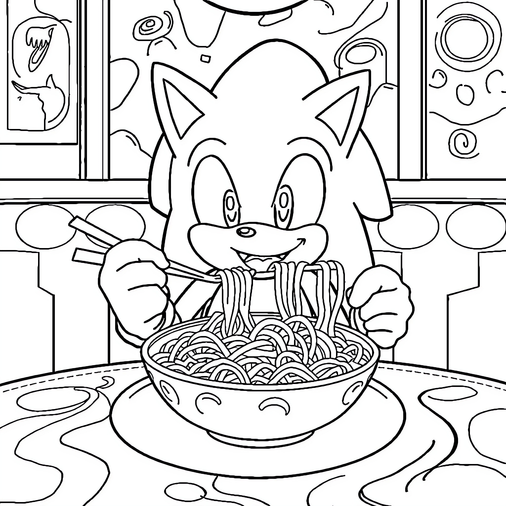 Sonic enjoying a delicious bowl of noodles Coloring Page (free black-and-white line drawing printable PDF for all, from beginners to advanced learners, including children, teens, adults, and seniors)