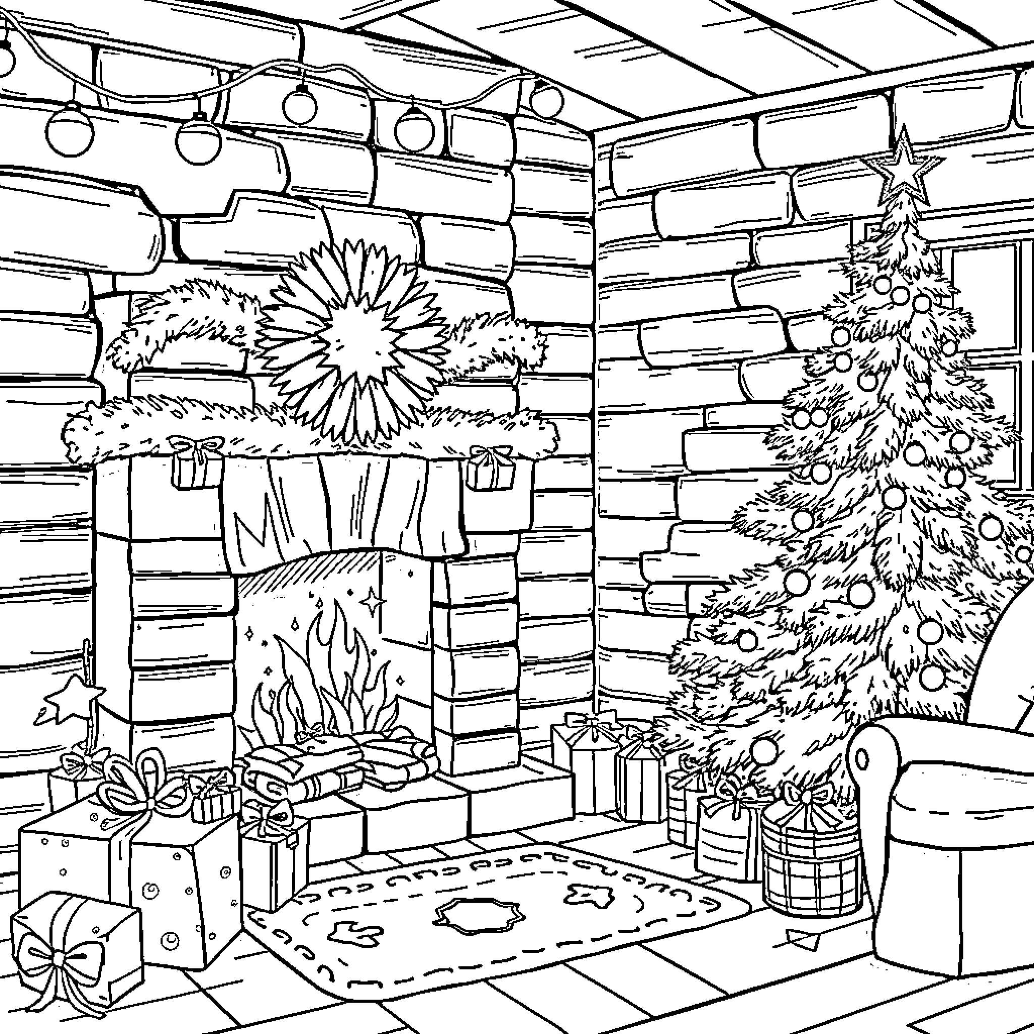 Christmas cozy cabin scene with fireplace and tree Coloring Page (free black-and-white line drawing printable PDF for all, from beginners to advanced learners, including children, teens, adults, and seniors)