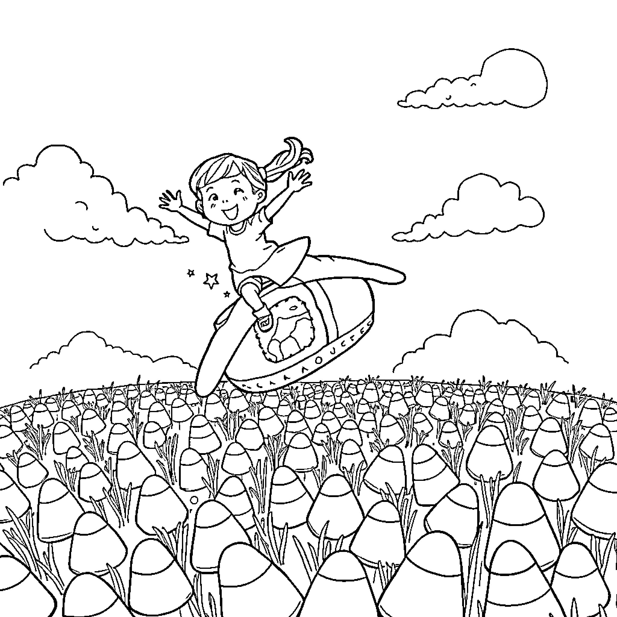 Girl surfing joyfully in a field of flowers Coloring Page (free black-and-white line drawing printable PDF for all, from beginners to advanced learners, including children, teens, adults, and seniors)