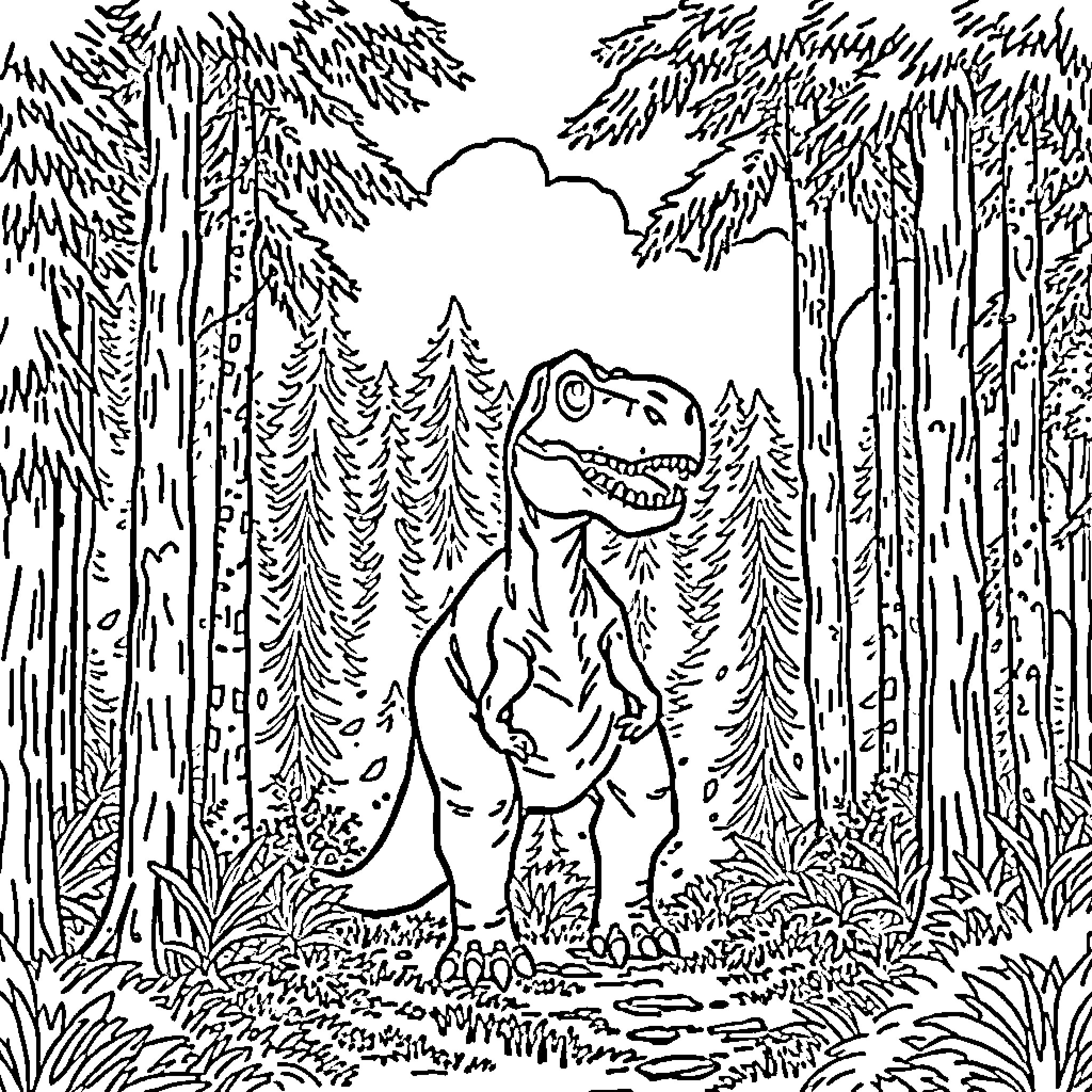 Dinosaur roaming through the forest Coloring Page (free black-and-white line drawing printable PDF for all, from beginners to advanced learners, including children, teens, adults, and seniors)