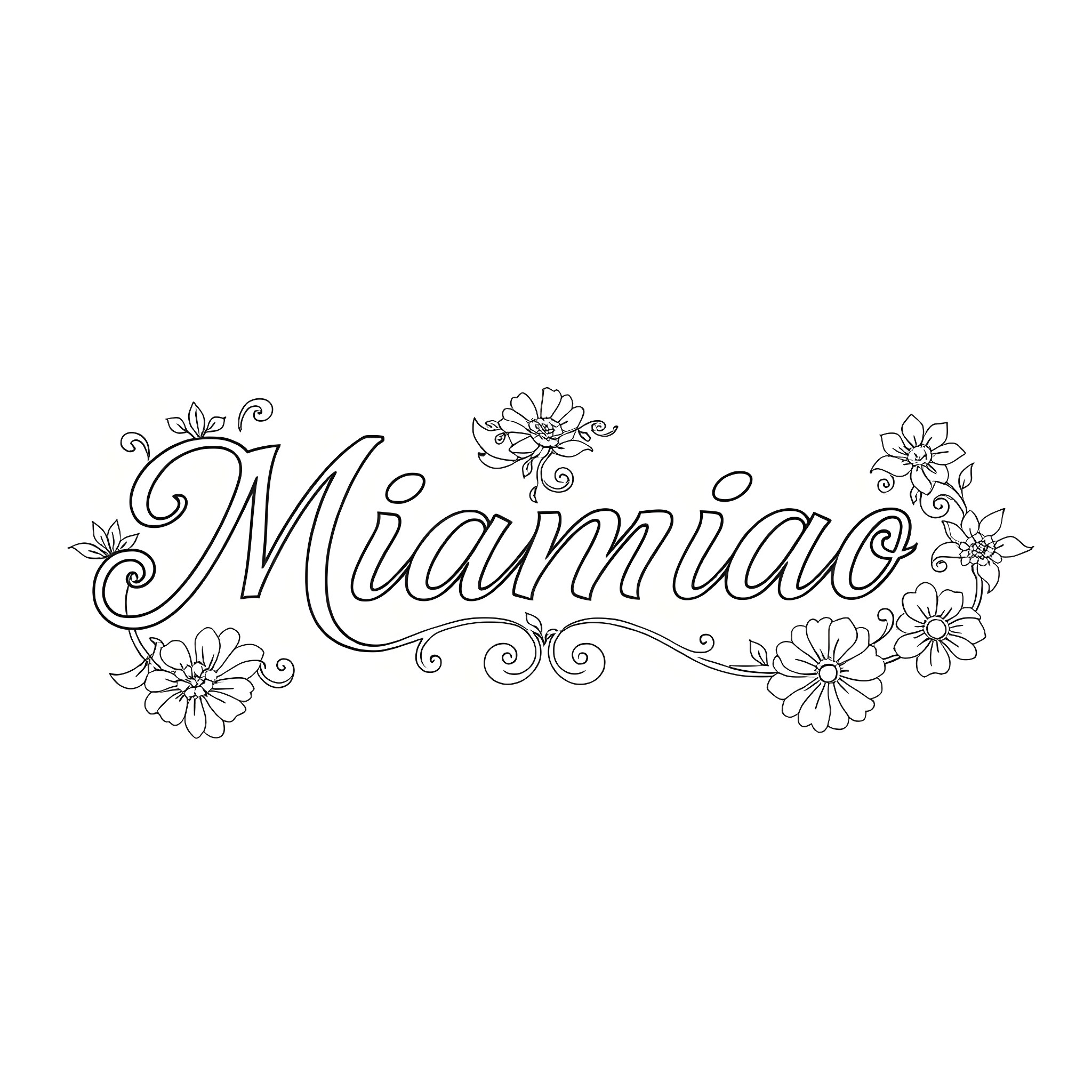 Miaomiao floral text with flowers Coloring Page (free black-and-white line drawing printable PDF for all, from beginners to advanced learners, including children, teens, adults, and seniors)