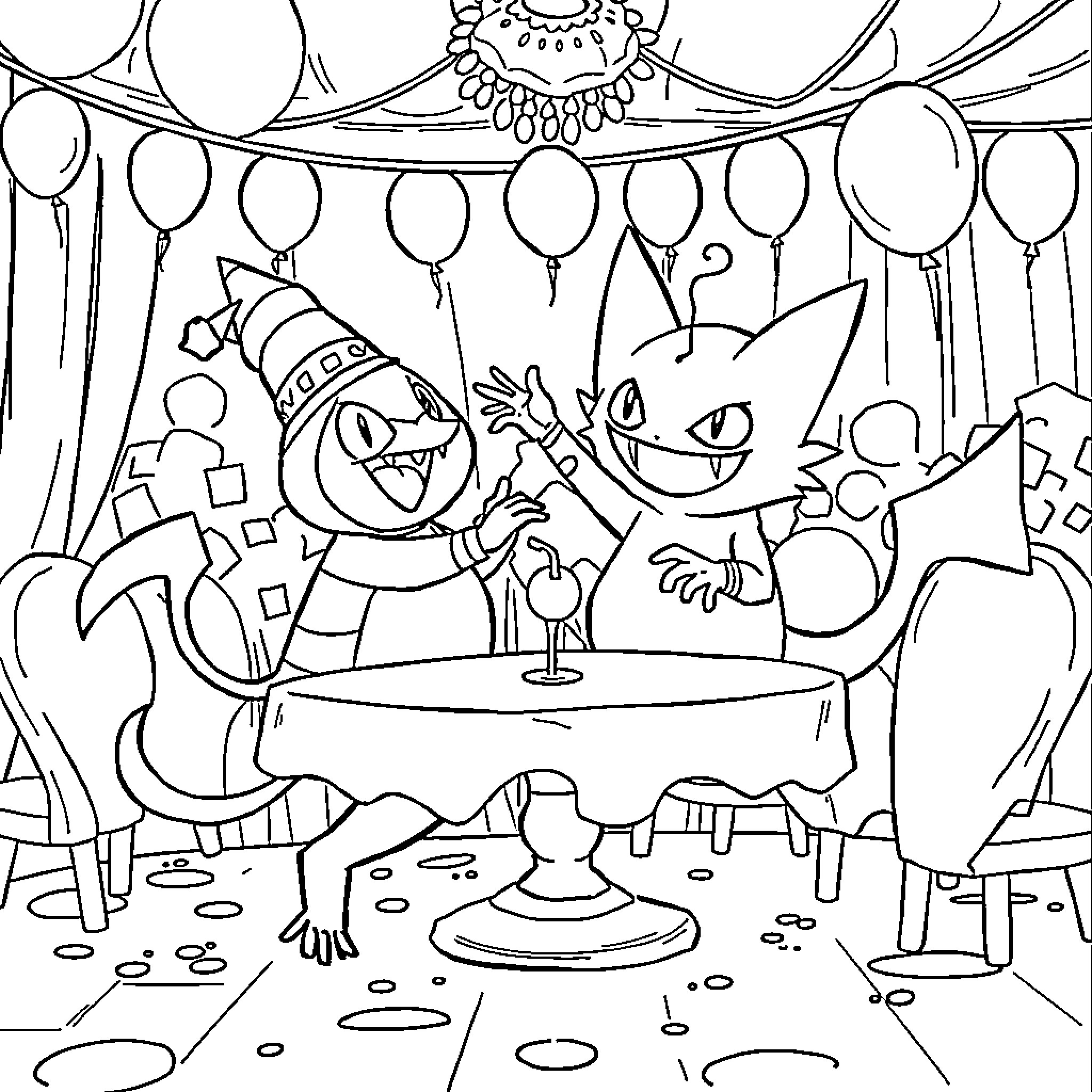 Pokémon characters celebrating a party with balloons Coloring Page (free black-and-white line drawing printable PDF for all, from beginners to advanced learners, including children, teens, adults, and seniors)