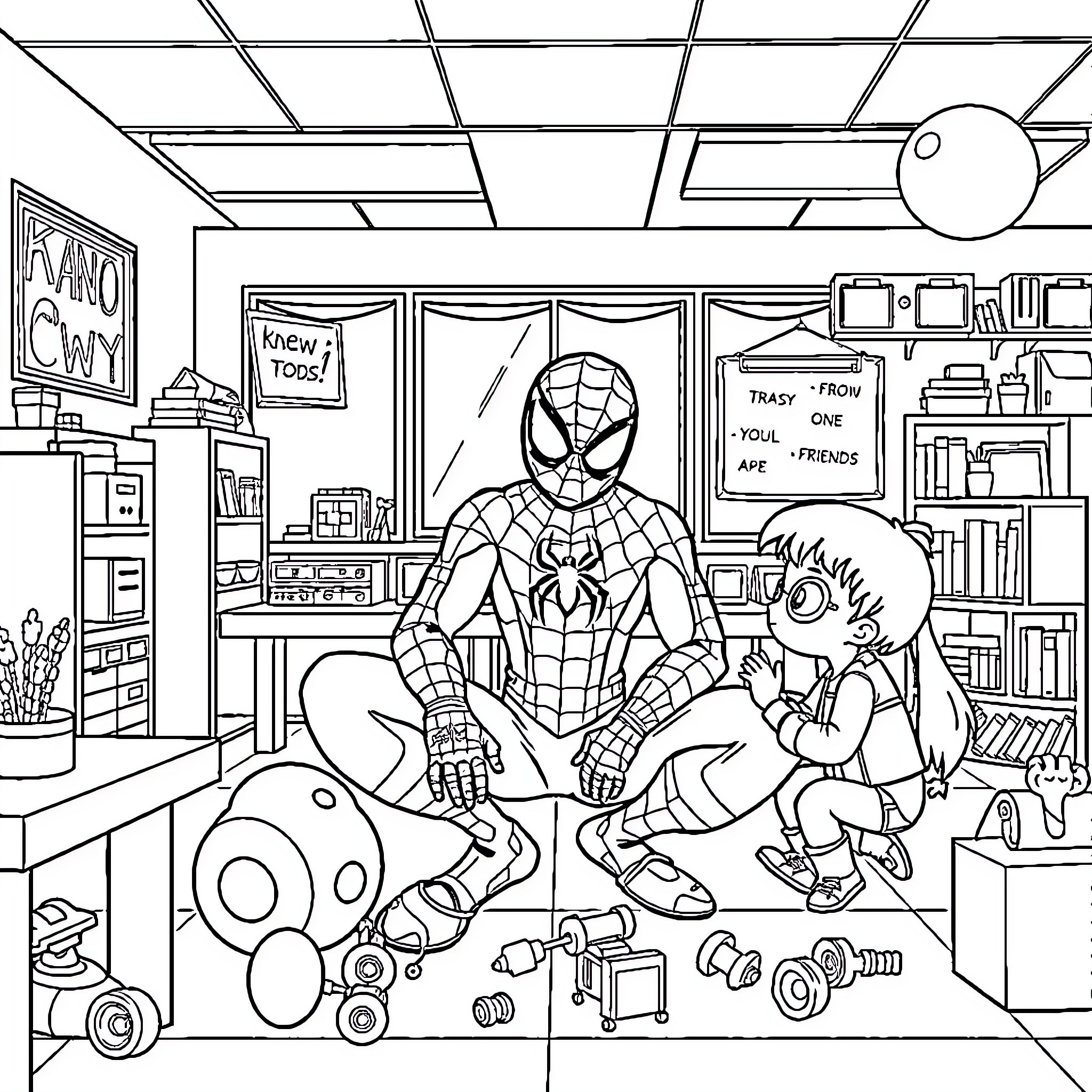 Spiderman Helping Young Boy in a Messy Bedroom Coloring Page (free black-and-white line drawing printable PDF for all, from beginners to advanced learners, including children, teens, adults, and seniors)