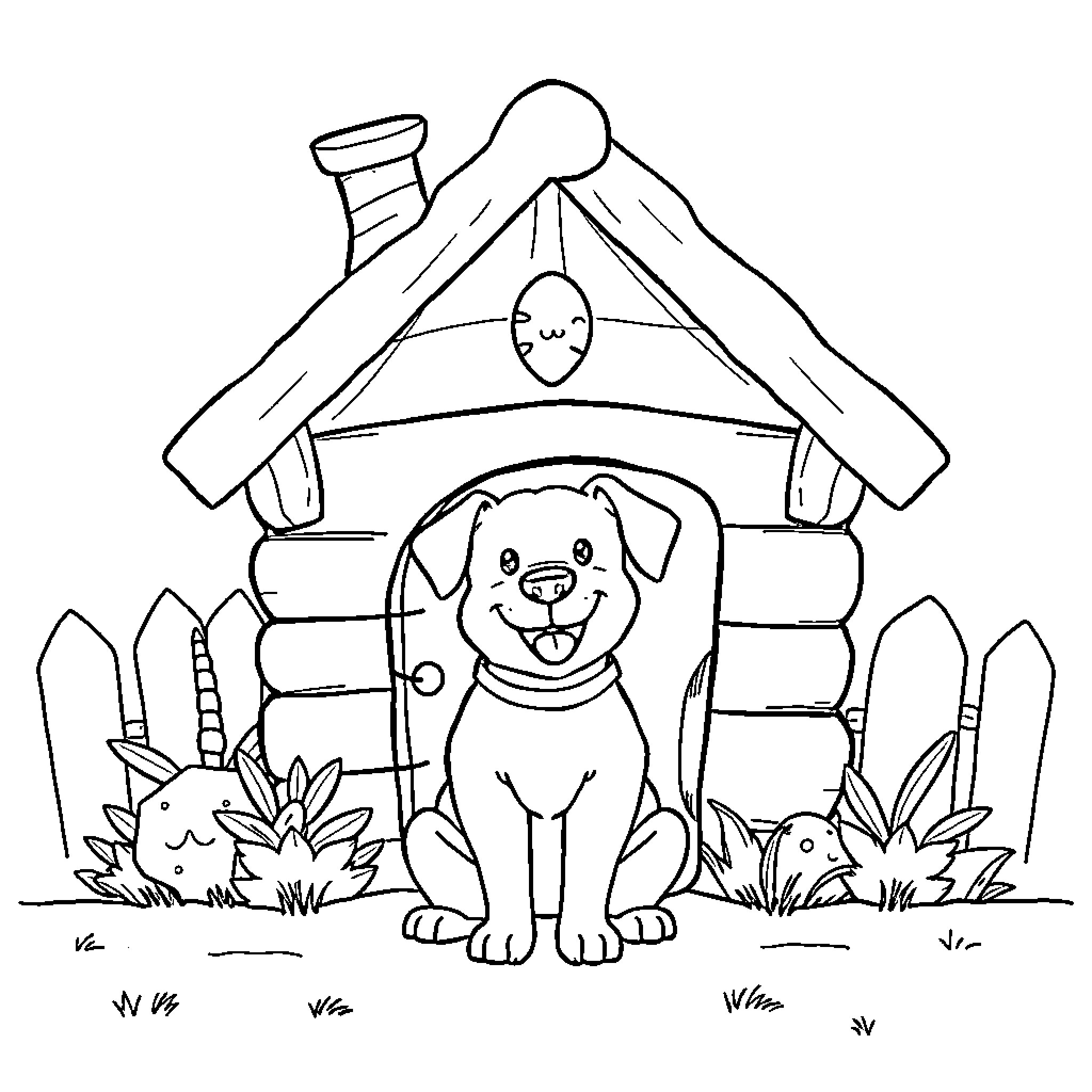 Dog playing happily in front of a doghouse Coloring Page (free black-and-white line drawing printable PDF for all, from beginners to advanced learners, including children, teens, adults, and seniors)