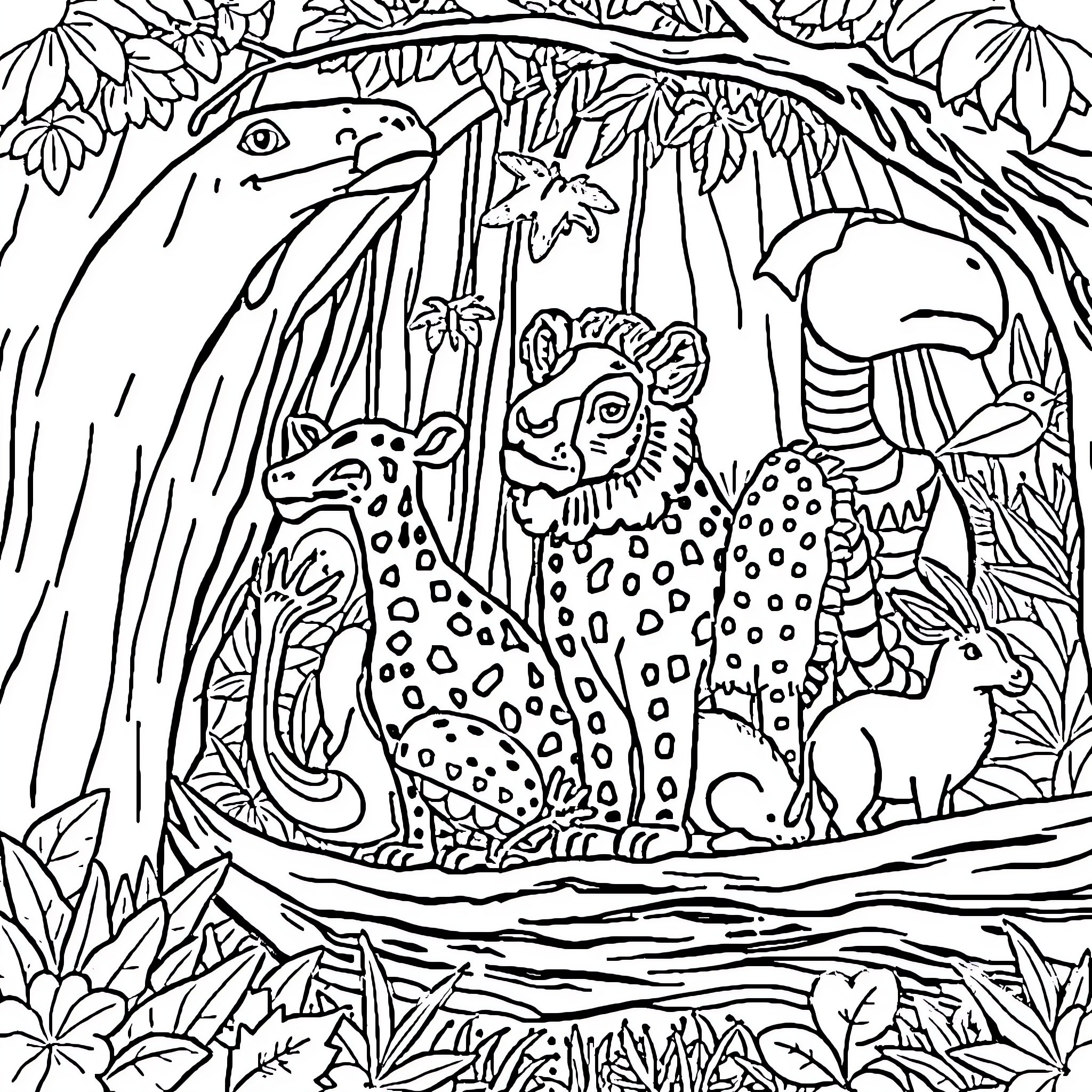 Animal friends in the lush jungle Coloring Page (free black-and-white line drawing printable PDF for all, from beginners to advanced learners, including children, teens, adults, and seniors)