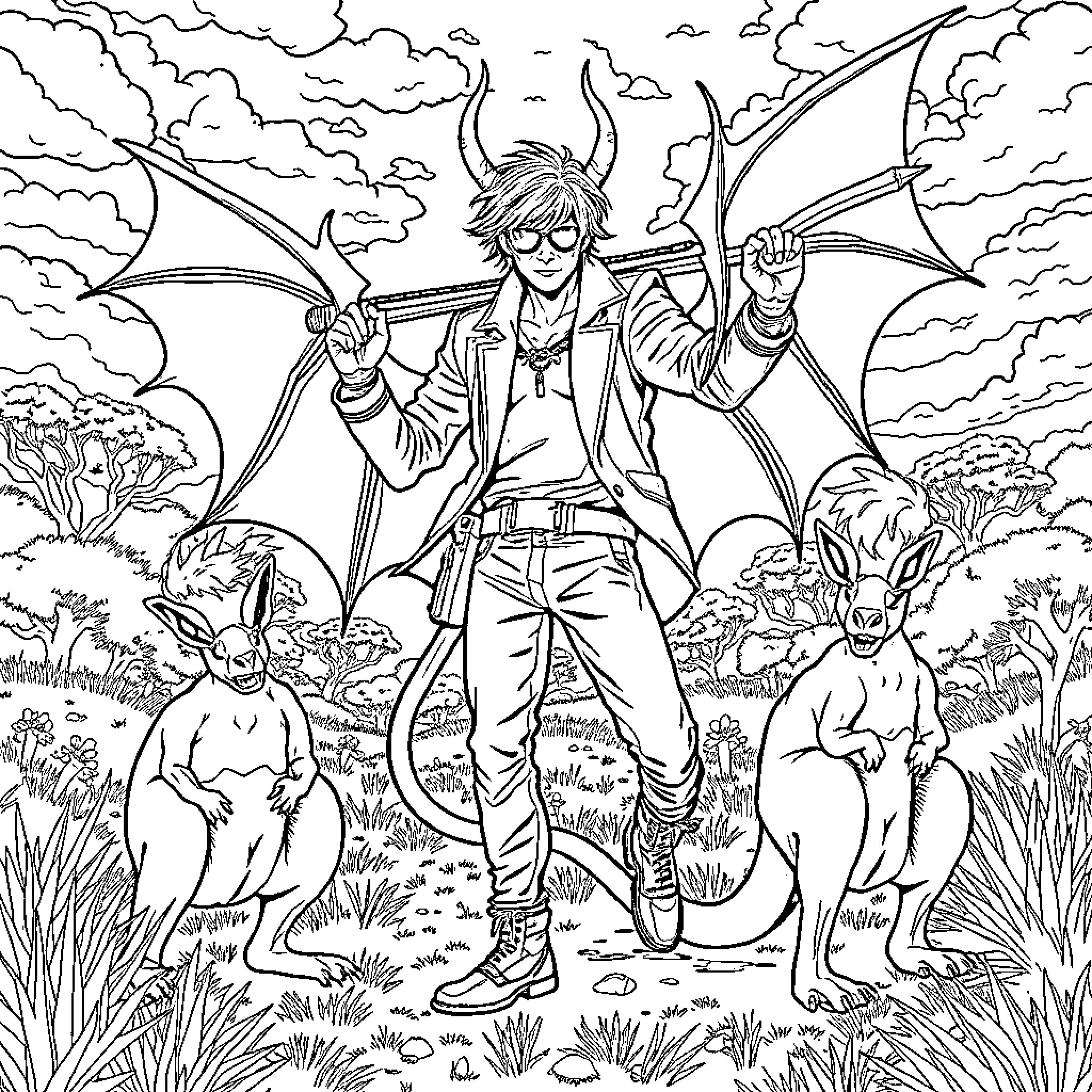 Demon Hunter on a Mission with Mystical Creatures Coloring Page (free black-and-white line drawing printable PDF for all, from beginners to advanced learners, including children, teens, adults, and seniors)