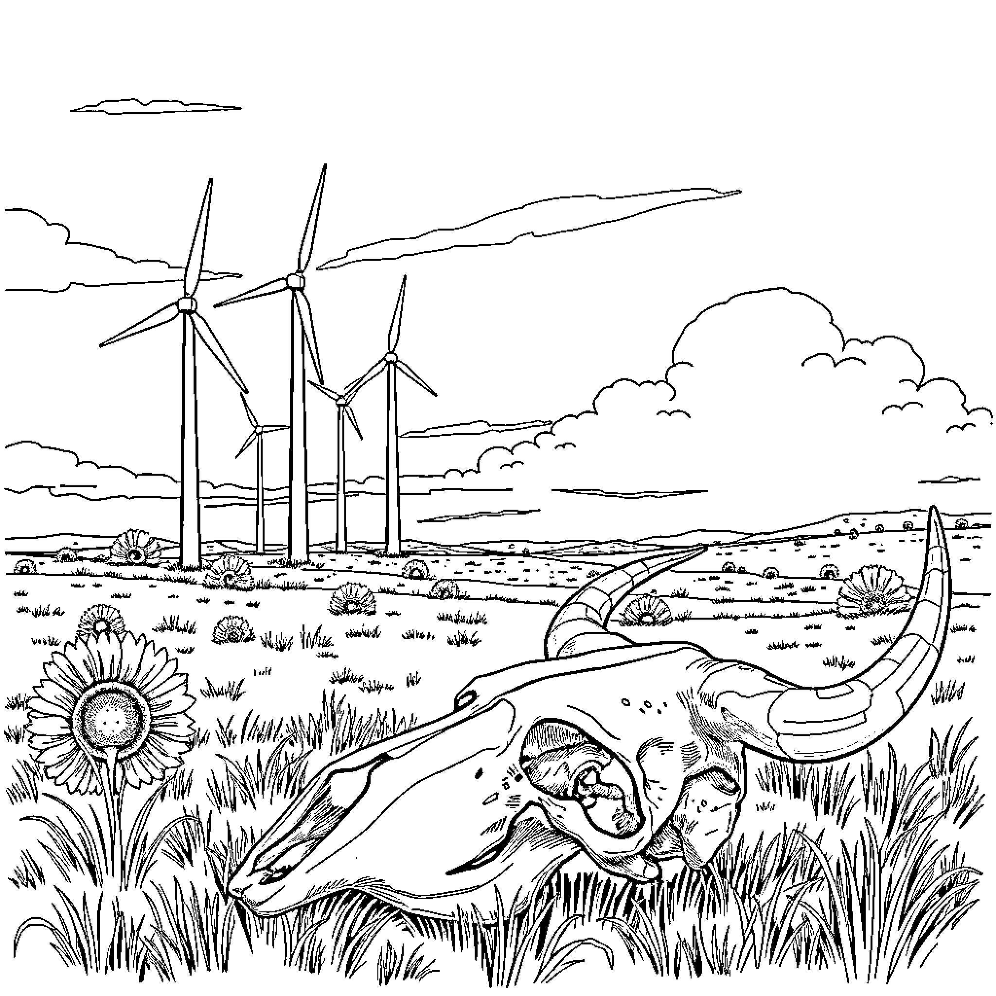 Skull resting in serene countryside landscape Coloring Page (free black-and-white line drawing printable PDF for all, from beginners to advanced learners, including children, teens, adults, and seniors)