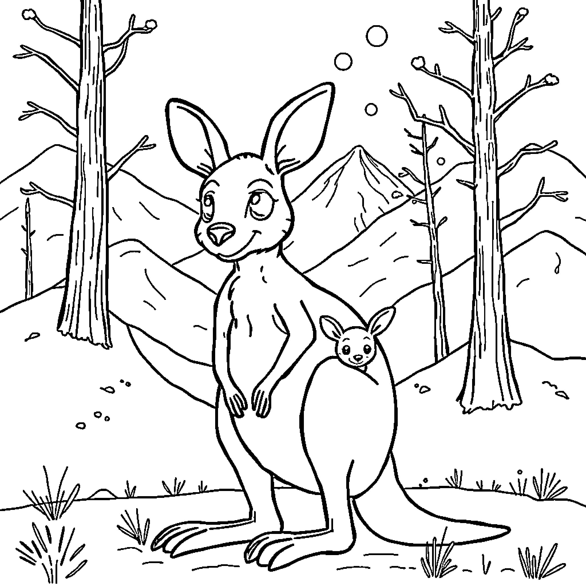 Kangaroos in a snowy forest Coloring Page (free black-and-white line drawing printable PDF for all, from beginners to advanced learners, including children, teens, adults, and seniors)