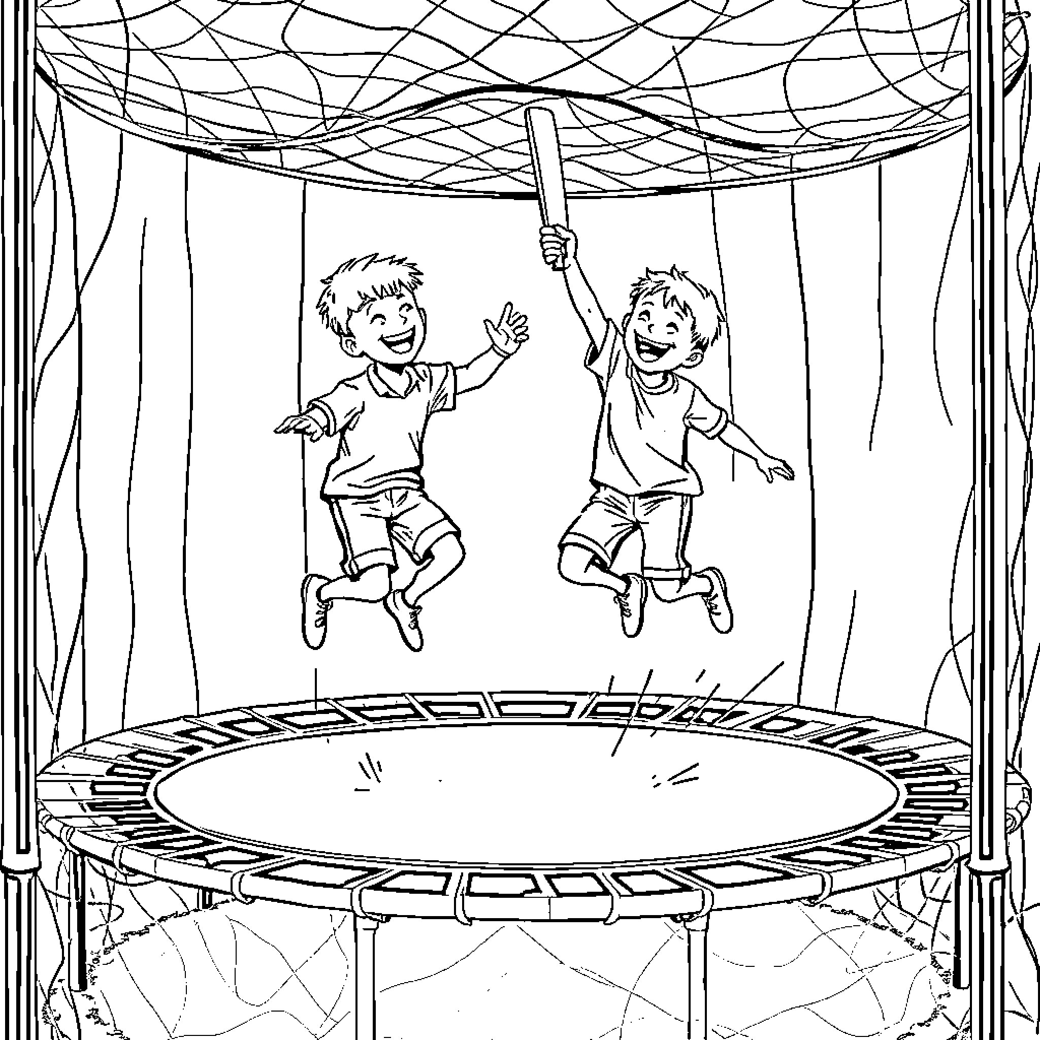 Boys jumping on trampoline joyfully Coloring Page (free black-and-white line drawing printable PDF for all, from beginners to advanced learners, including children, teens, adults, and seniors)