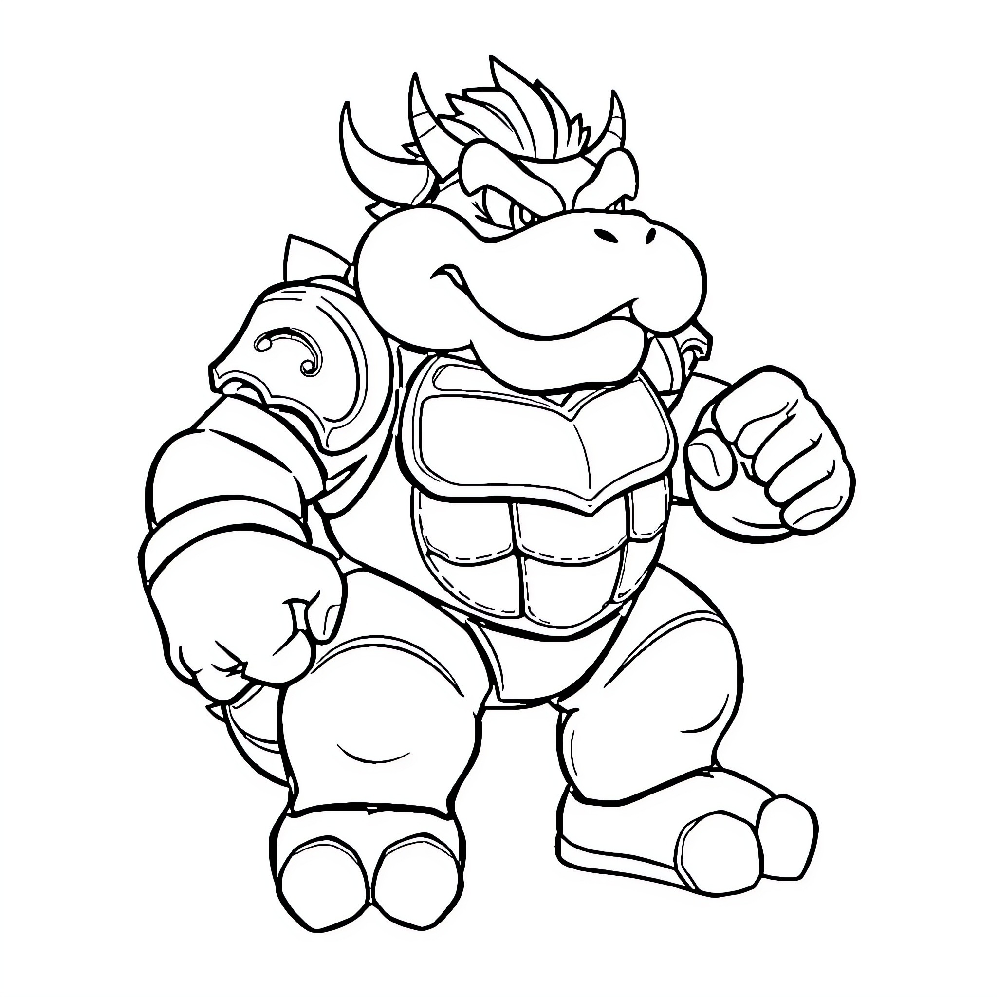 Bowser in a Confident Pose Coloring Page (free black-and-white line drawing printable PDF for all, from beginners to advanced learners, including children, teens, adults, and seniors)