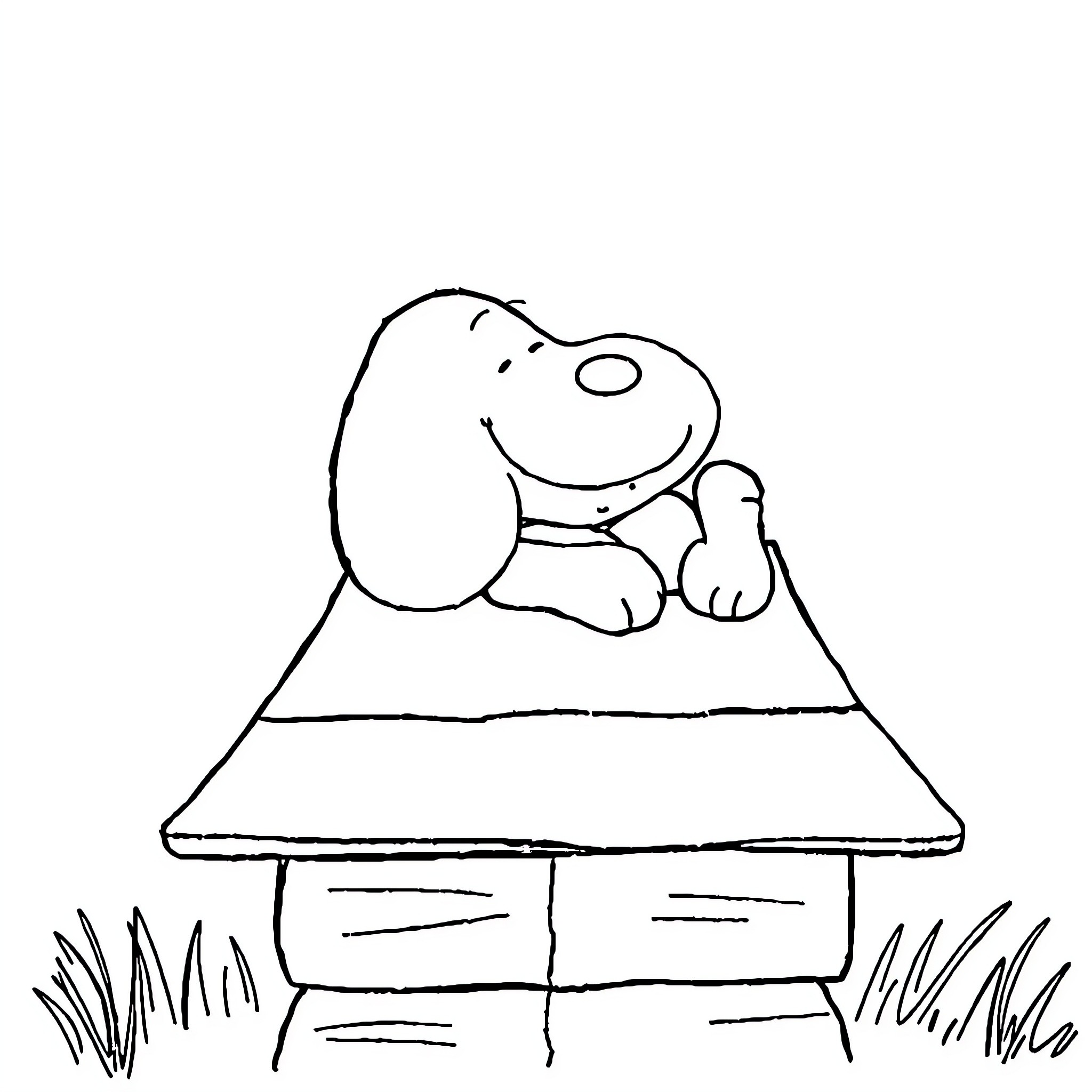 Snoopy resting peacefully on his doghouse Coloring Page (free black-and-white line drawing printable PDF for all, from beginners to advanced learners, including children, teens, adults, and seniors)