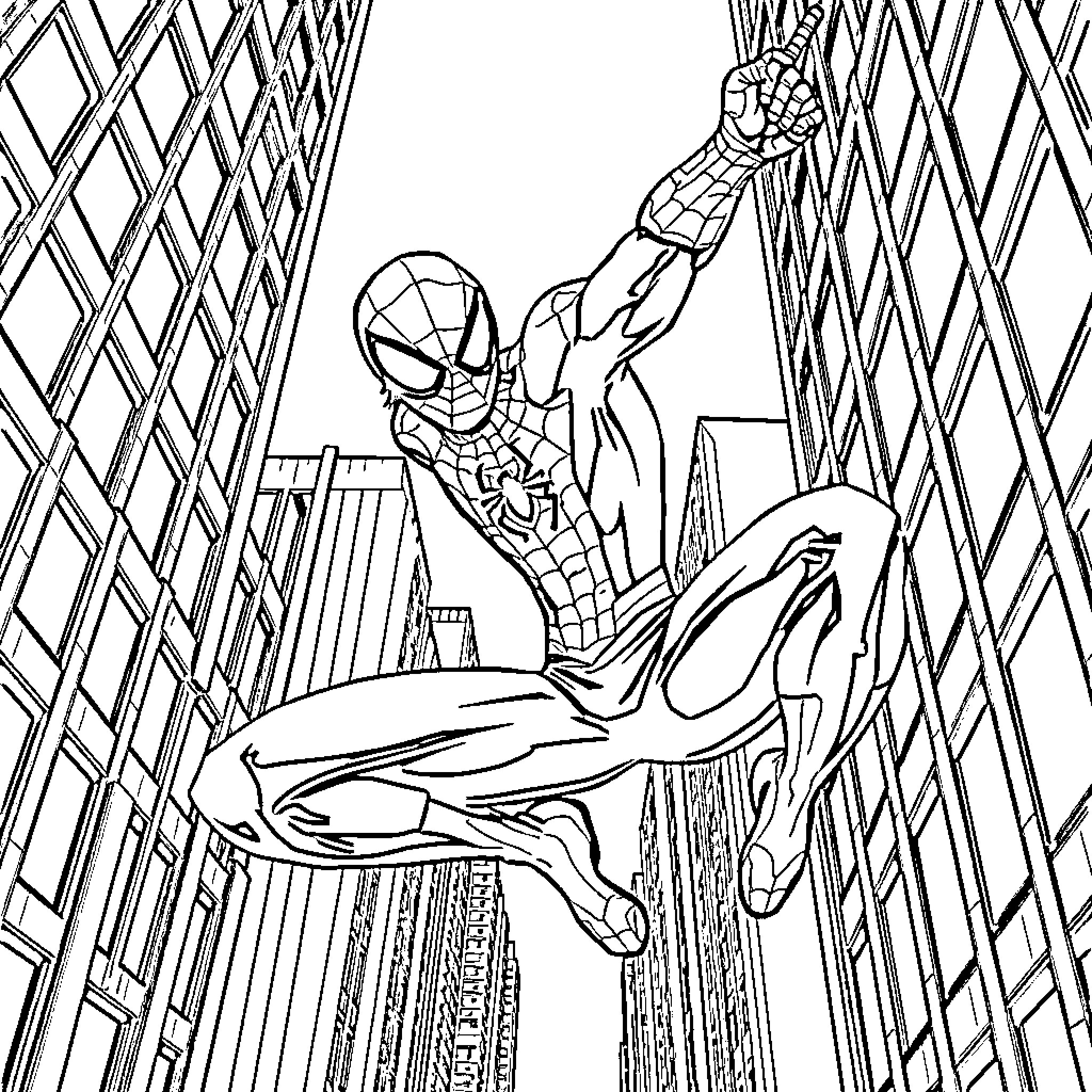 Spider-Man swinging through the city skyline Coloring Page (free black-and-white line drawing printable PDF for all, from beginners to advanced learners, including children, teens, adults, and seniors)