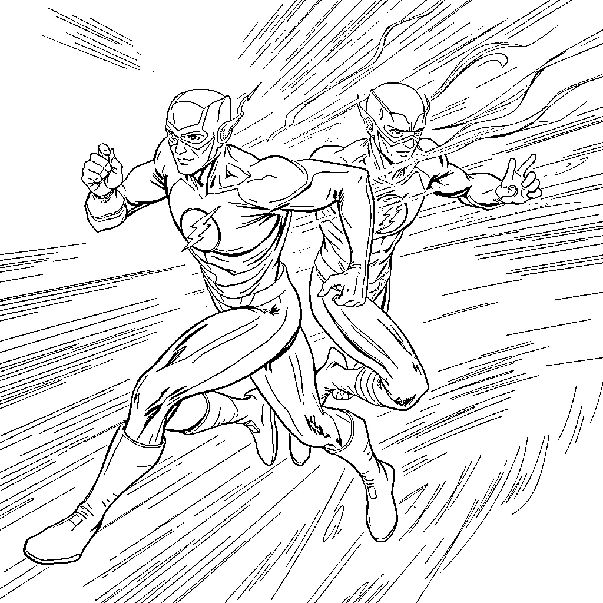 Flash superheroes racing with intense speed Coloring Page (free black-and-white line drawing printable PDF for all, from beginners to advanced learners, including children, teens, adults, and seniors)