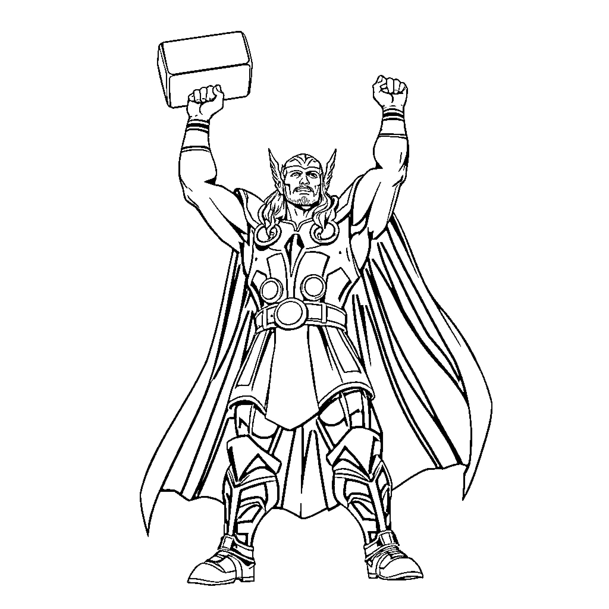 Thor Triumphantly Raising Mjolnir Coloring Page (free black-and-white line drawing printable PDF for all, from beginners to advanced learners, including children, teens, adults, and seniors)