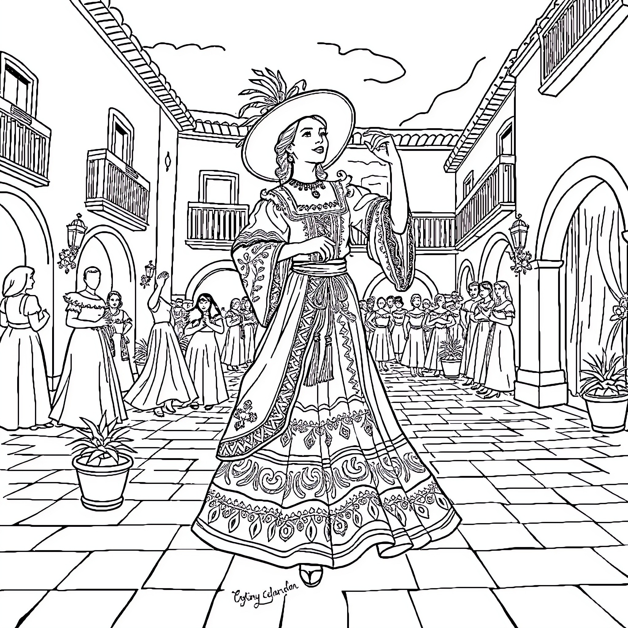 Maja's Elegant Procession in Historic Town Coloring Page (free black-and-white line drawing printable PDF for all, from beginners to advanced learners, including children, teens, adults, and seniors)