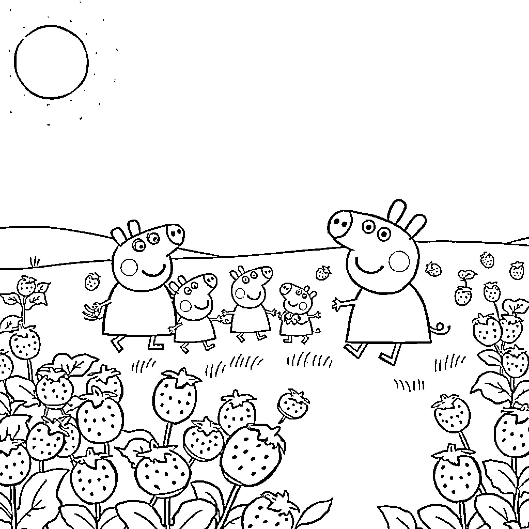 Peppa Pig and family in a strawberry field Coloring Page (free black-and-white line drawing printable PDF for all, from beginners to advanced learners, including children, teens, adults, and seniors)