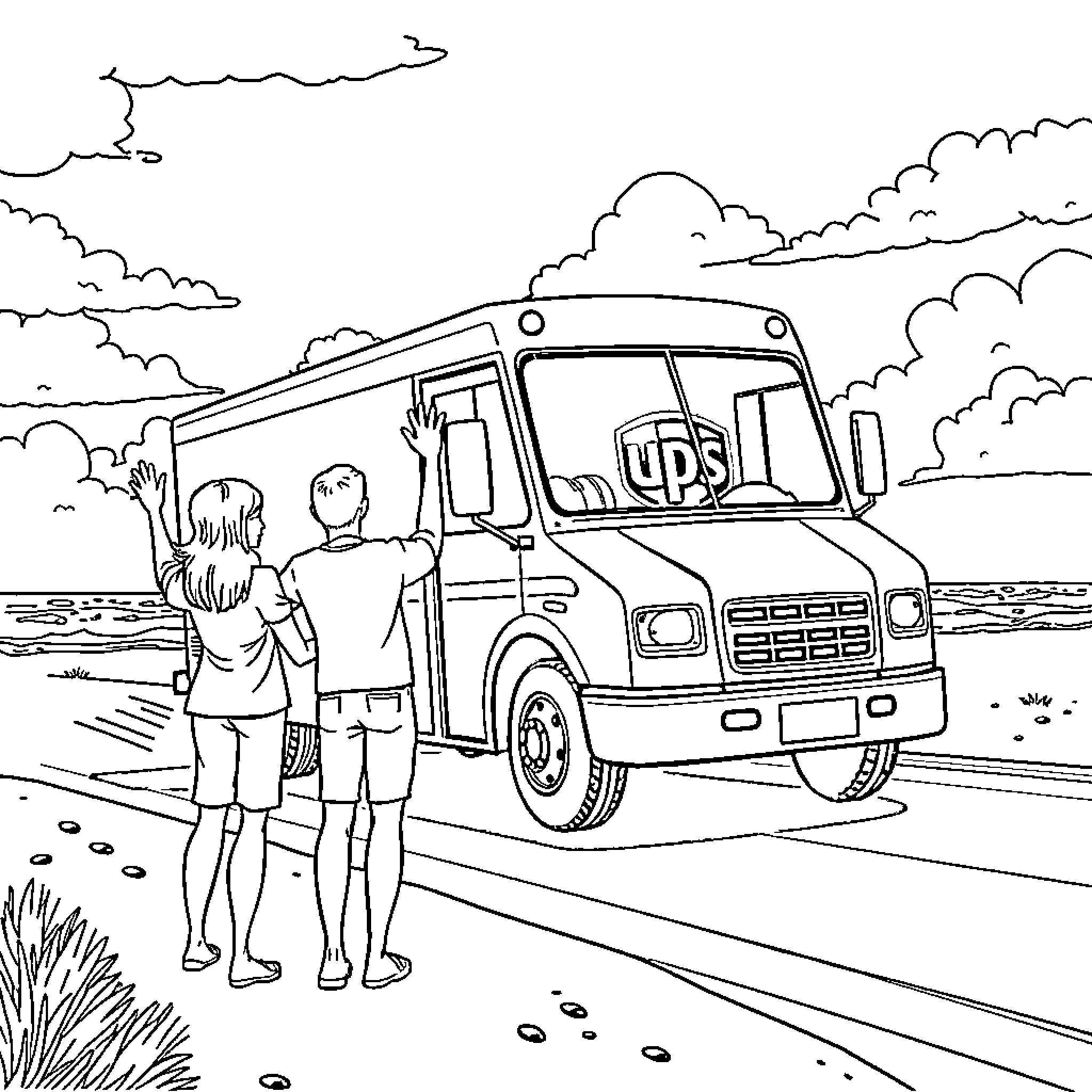 Person standing next to UPS delivery truck Coloring Page (free black-and-white line drawing printable PDF for all, from beginners to advanced learners, including children, teens, adults, and seniors)