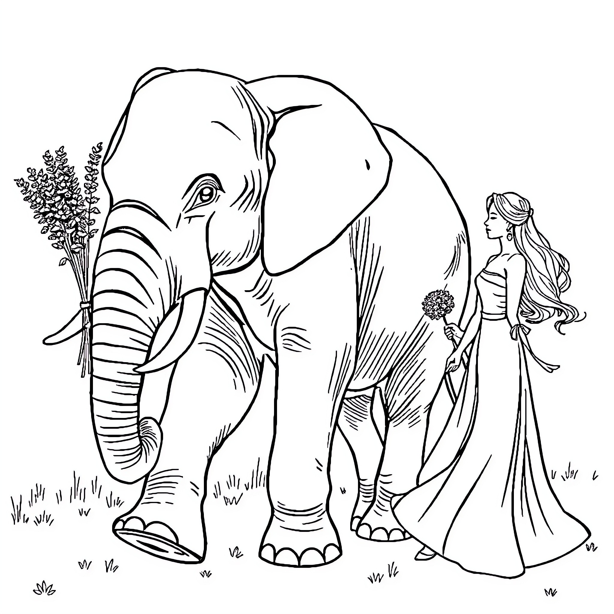 Elephant and Woman in Elegant Attire Coloring Page (free black-and-white line drawing printable PDF for all, from beginners to advanced learners, including children, teens, adults, and seniors)