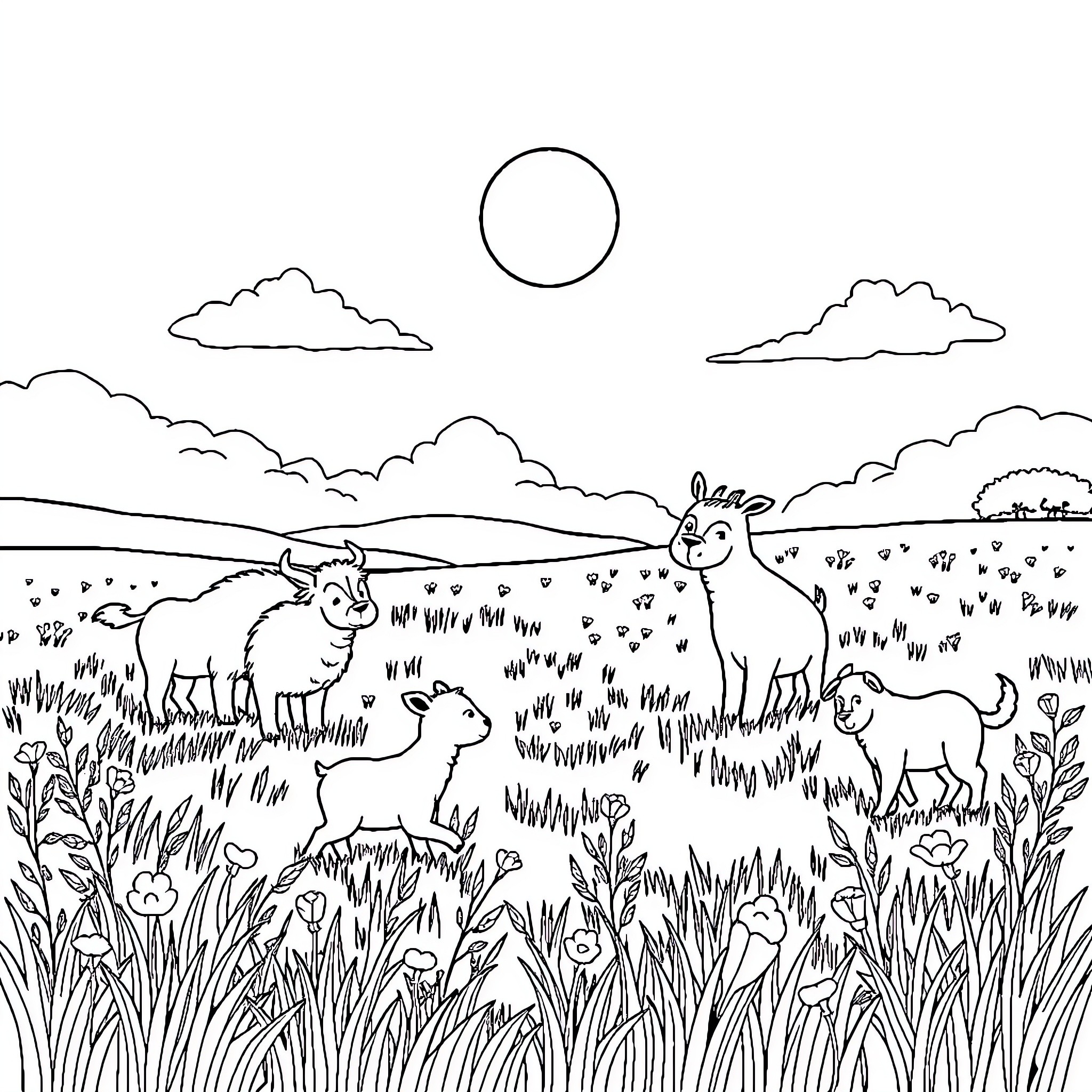 Animal Herd Grazing in Scenic Meadow Coloring Page (free black-and-white line drawing printable PDF for all, from beginners to advanced learners, including children, teens, adults, and seniors)