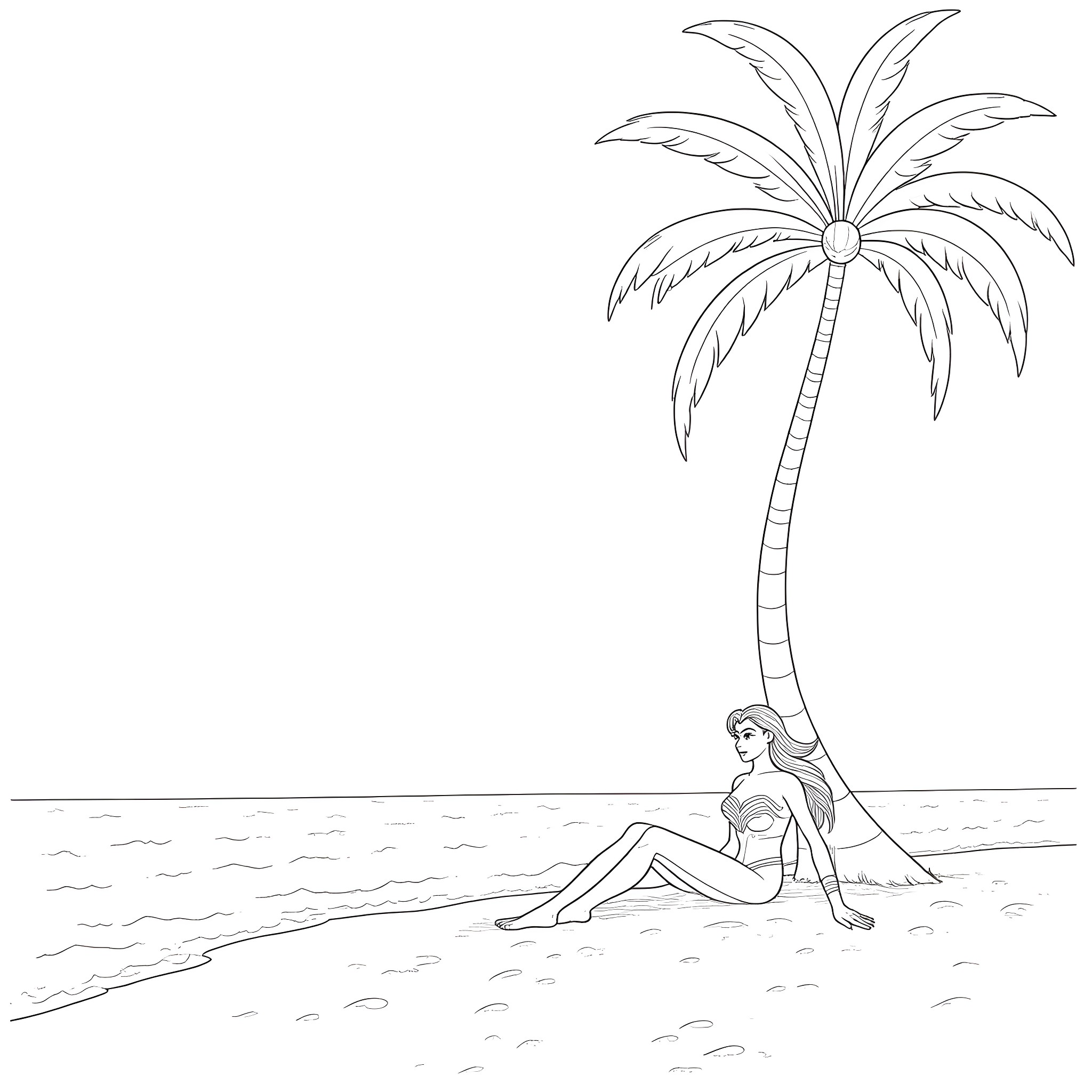 Wonder Woman enjoying a peaceful day at the beach Coloring Page (free black-and-white line drawing printable PDF for all, from beginners to advanced learners, including children, teens, adults, and seniors)