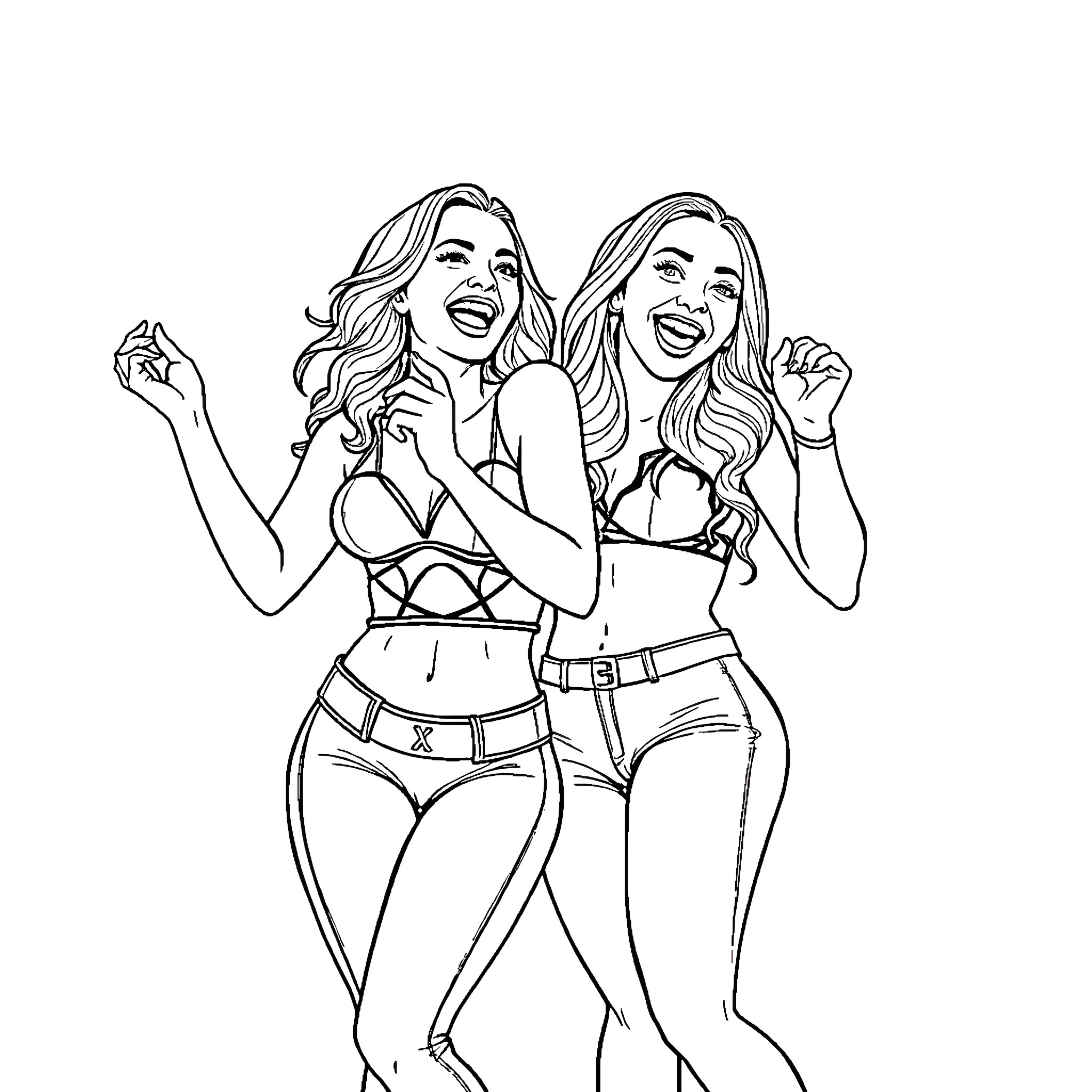 Dani Jensen and friend celebrating joyfully Coloring Page (free black-and-white line drawing printable PDF for all, from beginners to advanced learners, including children, teens, adults, and seniors)