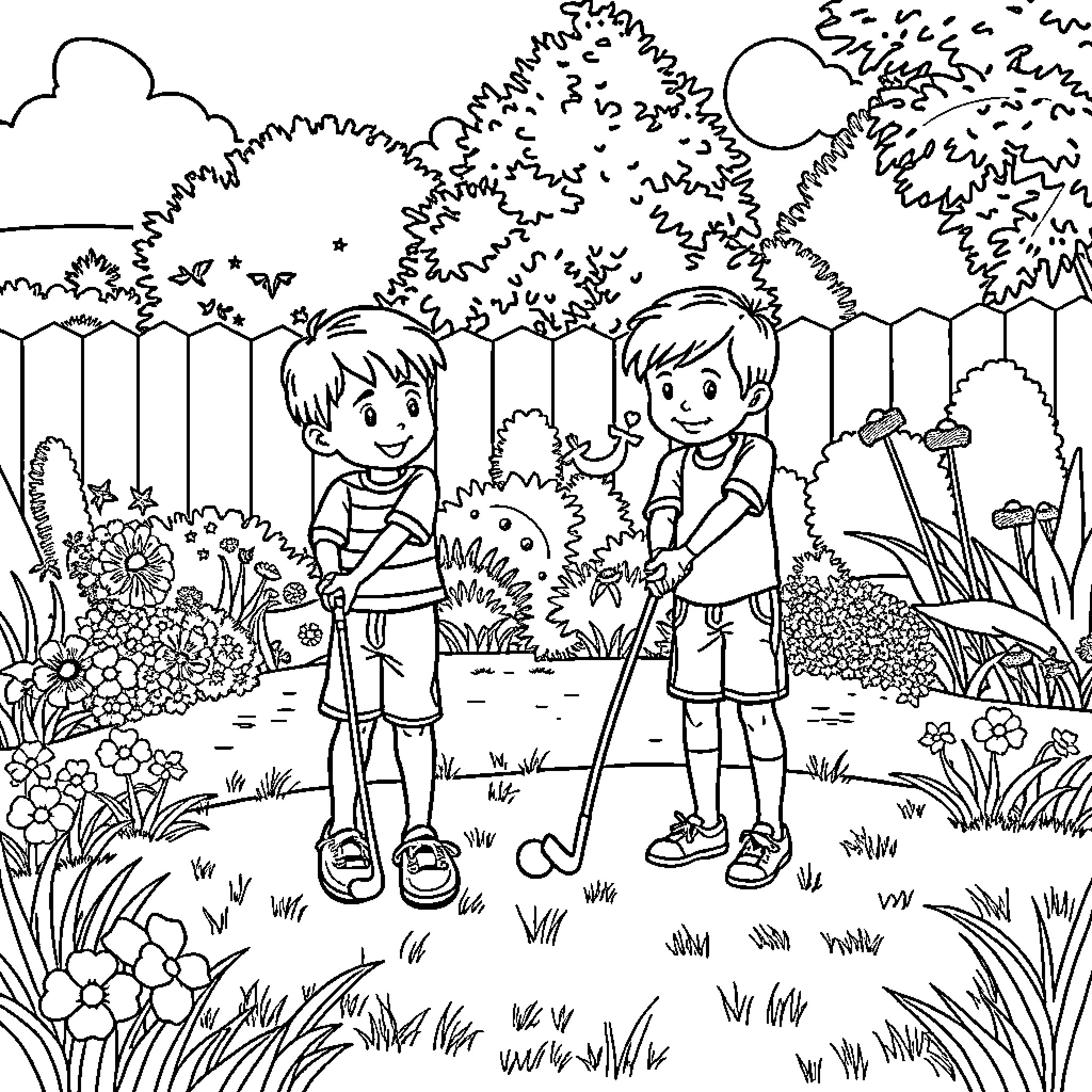 Child exploring nature with friend Coloring Page (free black-and-white line drawing printable PDF for all, from beginners to advanced learners, including children, teens, adults, and seniors)