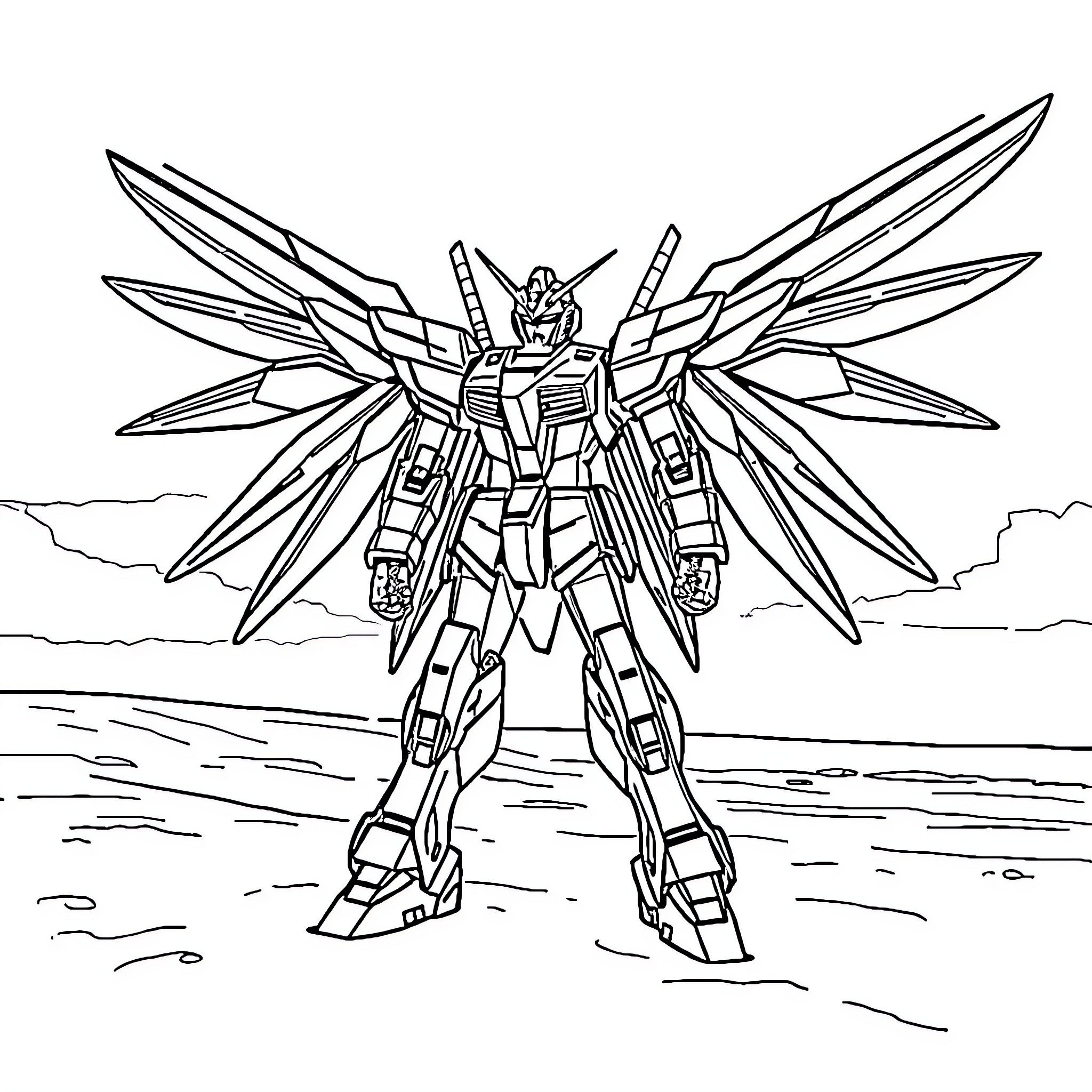 Wing Zero Gundam in action pose Coloring Page (free black-and-white line drawing printable PDF for all, from beginners to advanced learners, including children, teens, adults, and seniors)