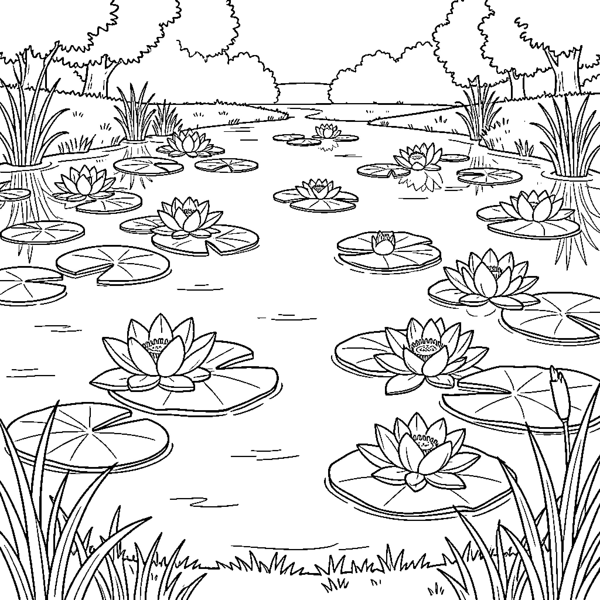 Lotus flowers floating peacefully on a calm pond Coloring Page (free black-and-white line drawing printable PDF for all, from beginners to advanced learners, including children, teens, adults, and seniors)