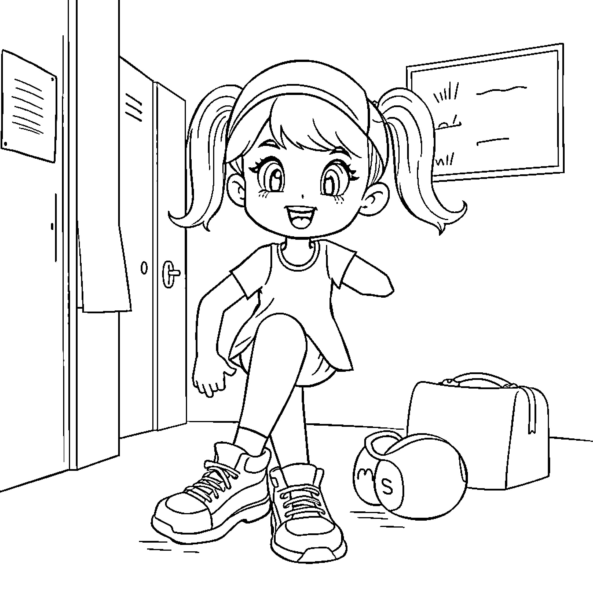 Bluey excited for an adventure at school Coloring Page (free black-and-white line drawing printable PDF for all, from beginners to advanced learners, including children, teens, adults, and seniors)