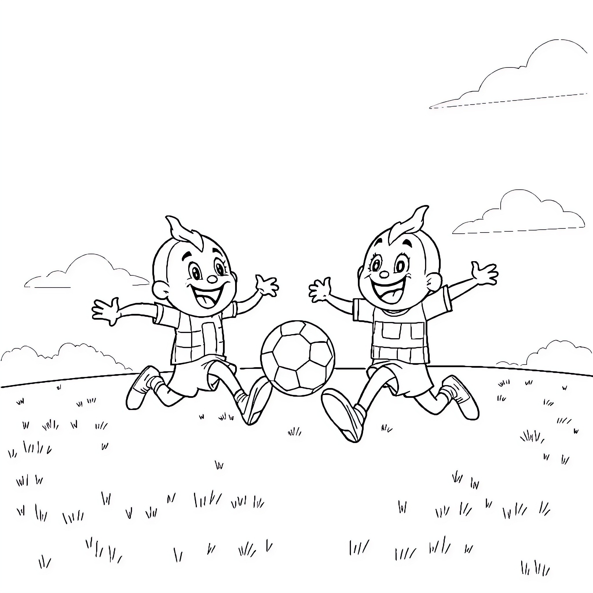 MOTU characters playing joyfully with soccer ball Coloring Page (free black-and-white line drawing printable PDF for all, from beginners to advanced learners, including children, teens, adults, and seniors)