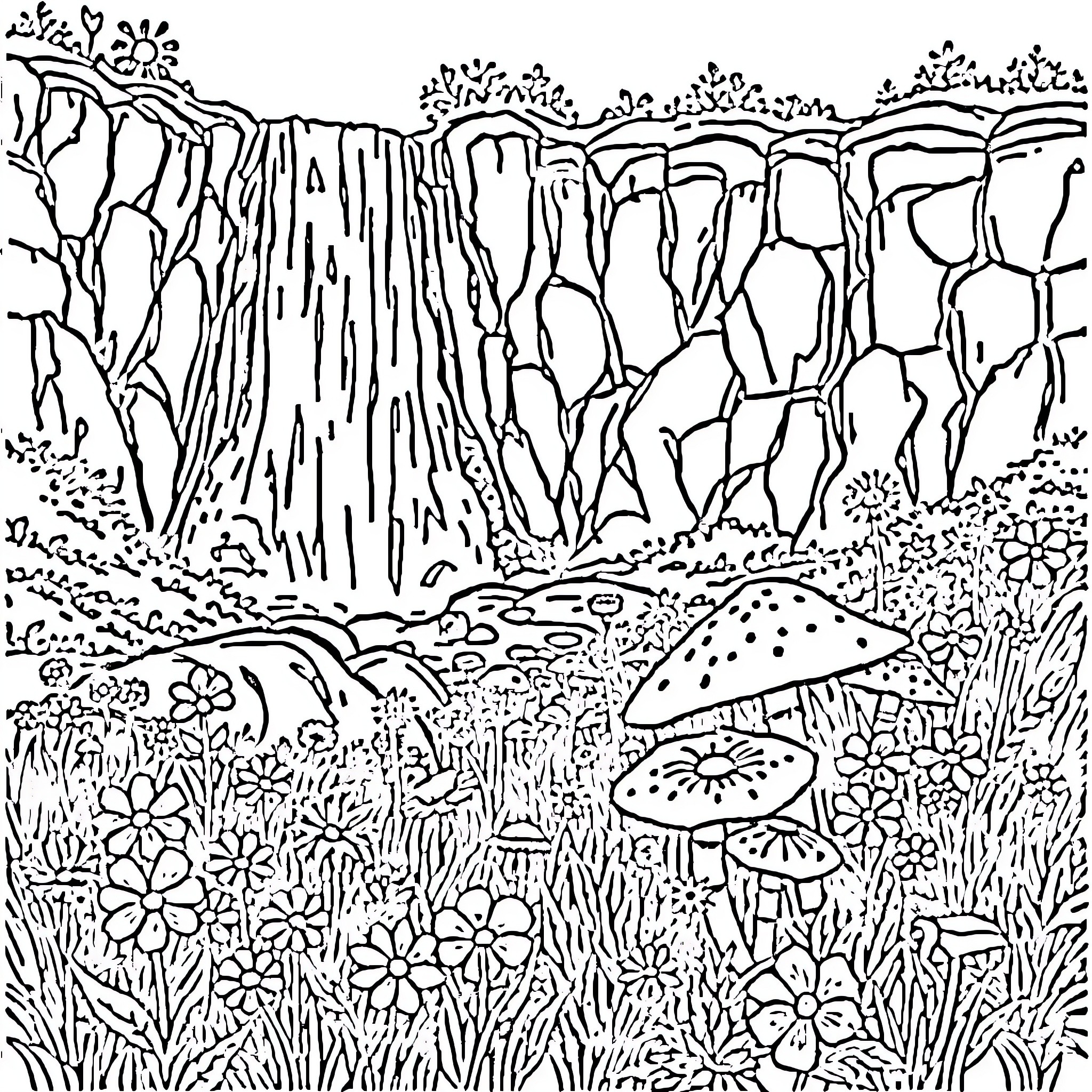 Wildflower meadow with rocky cliff backdrop Coloring Page (free black-and-white line drawing printable PDF for all, from beginners to advanced learners, including children, teens, adults, and seniors)