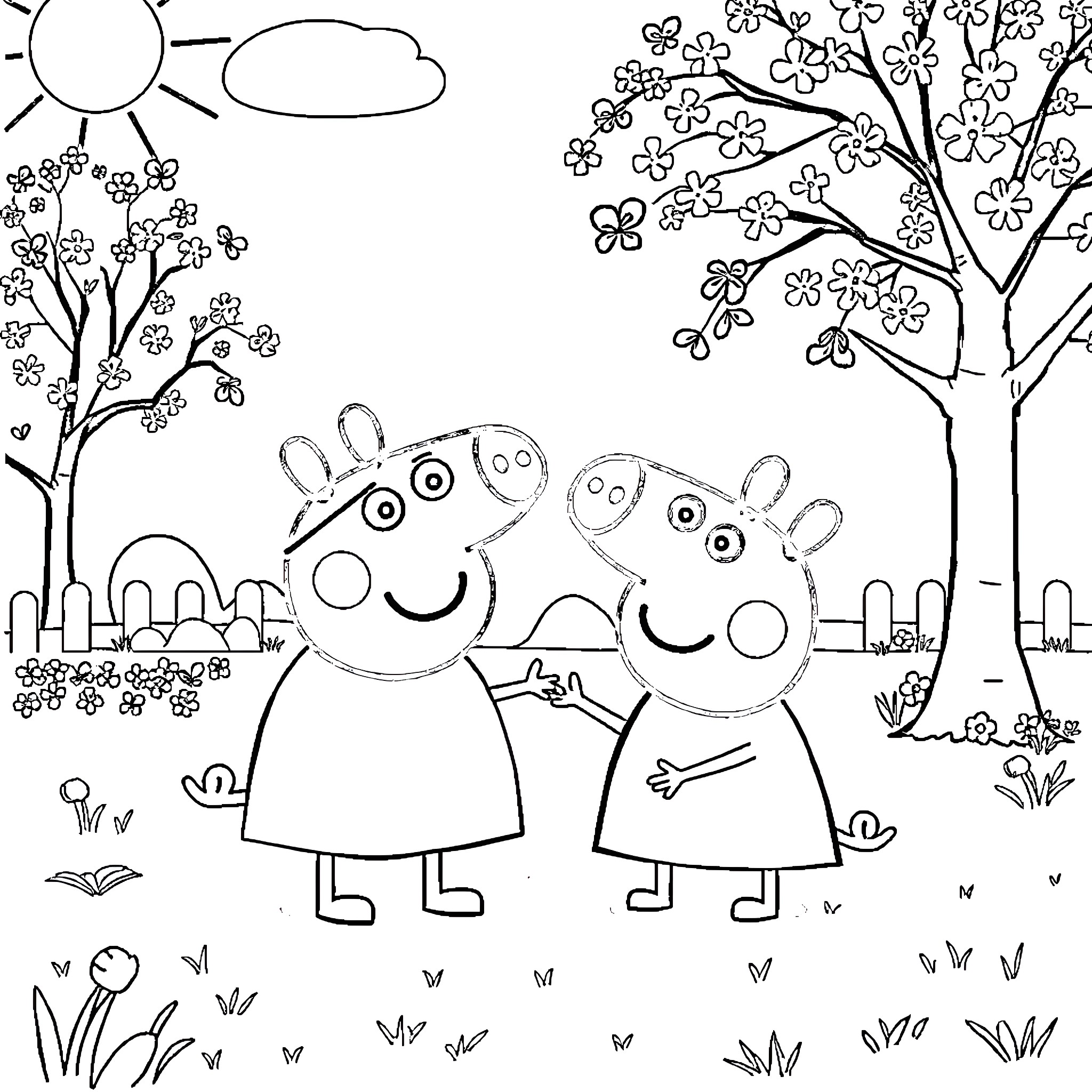 Peppa Pig and friends enjoy spring outdoors Coloring Page (free black-and-white line drawing printable PDF for all, from beginners to advanced learners, including children, teens, adults, and seniors)