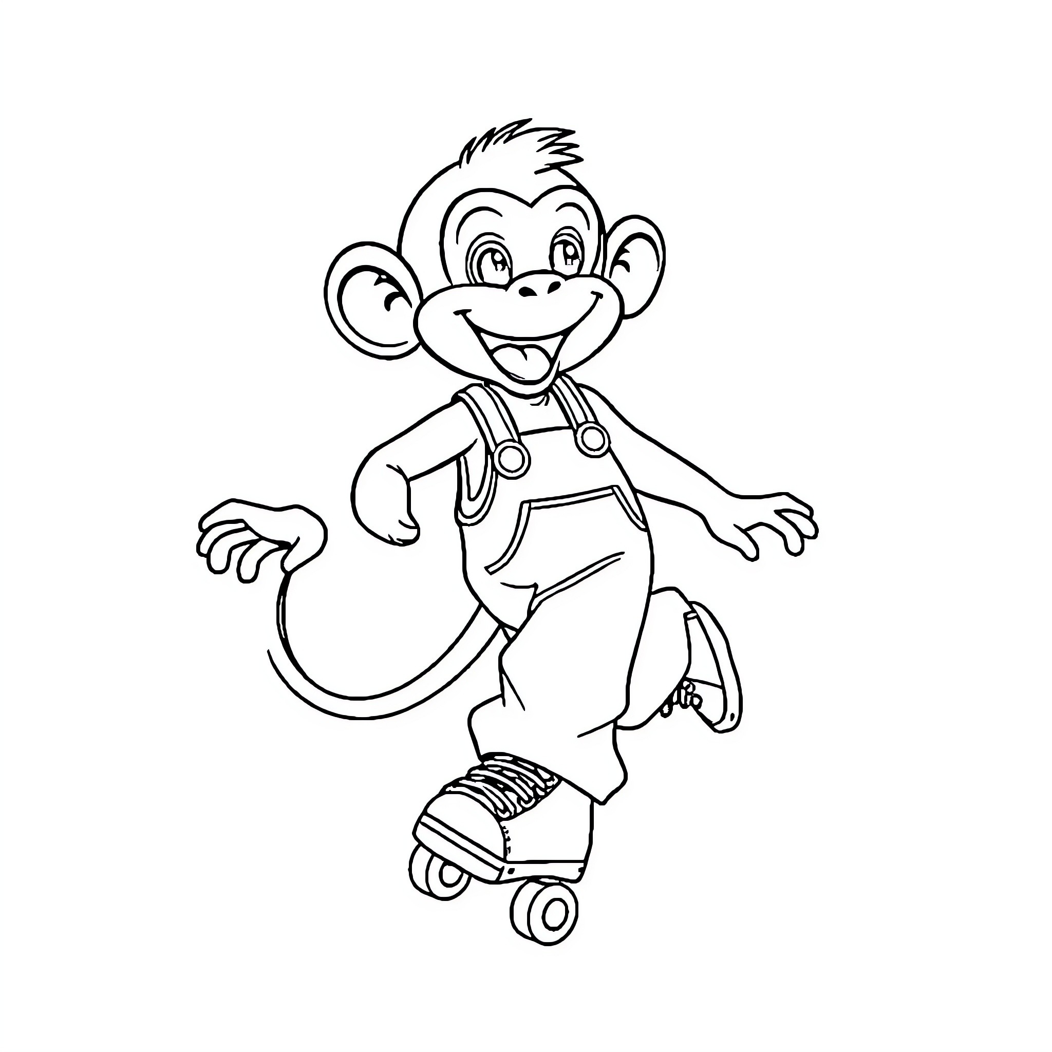 Monkey playing happily on roller skates Coloring Page (free black-and-white line drawing printable PDF for all, from beginners to advanced learners, including children, teens, adults, and seniors)