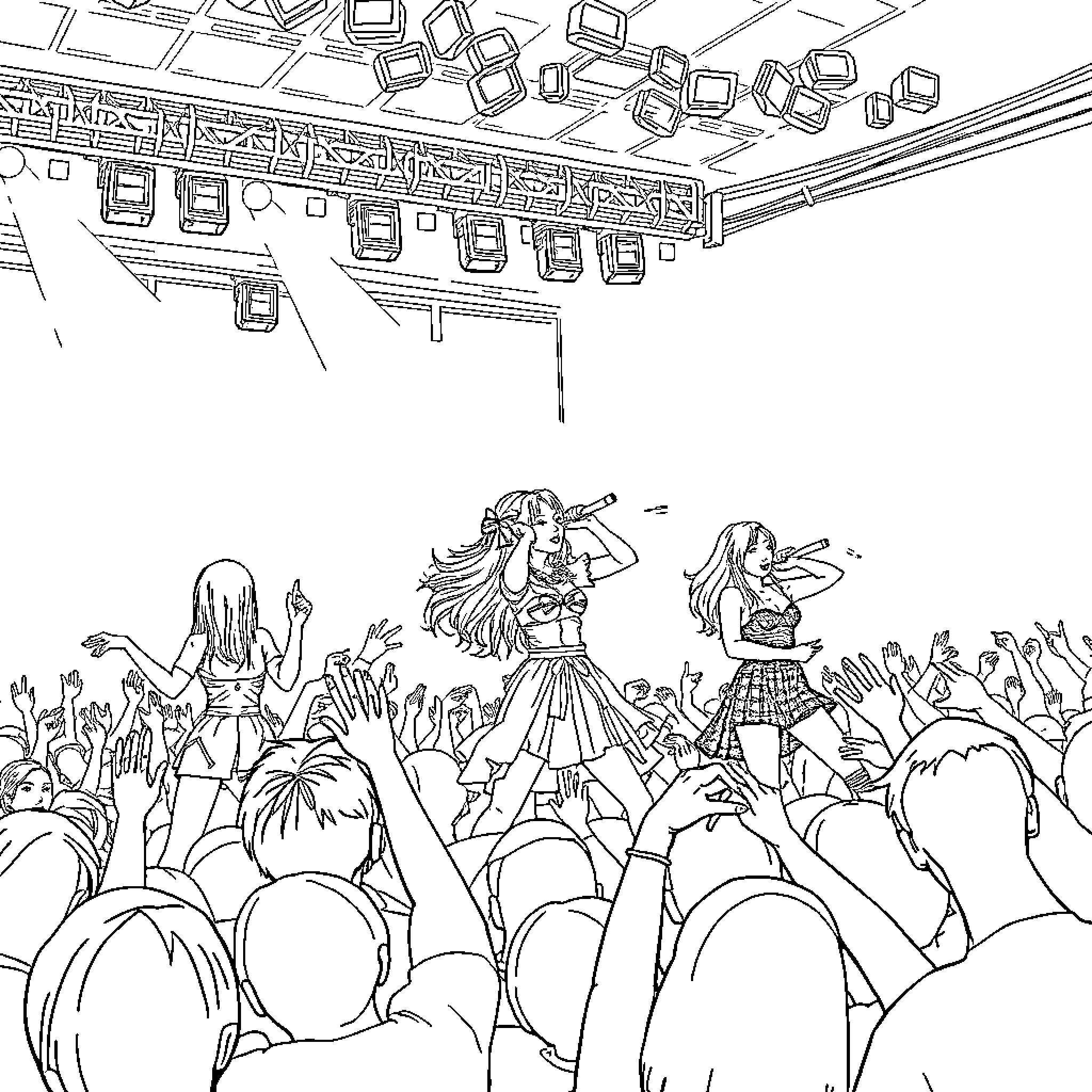 Kpop Girls Performing on Stage with Crowd Coloring Page (free black-and-white line drawing printable PDF for all, from beginners to advanced learners, including children, teens, adults, and seniors)