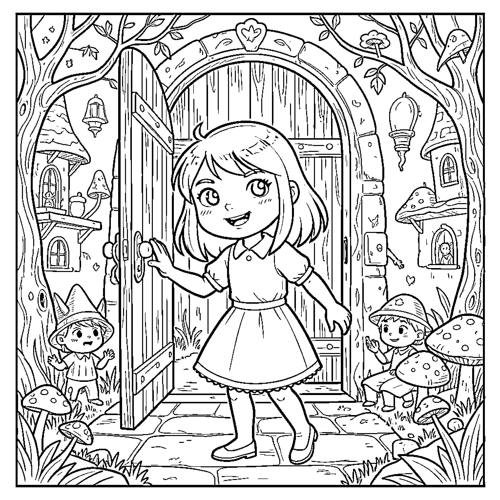 Coraline exploring the whimsical and fantastical world Coloring Page (free black-and-white line drawing printable PDF for all, from beginners to advanced learners, including children, teens, adults, and seniors)