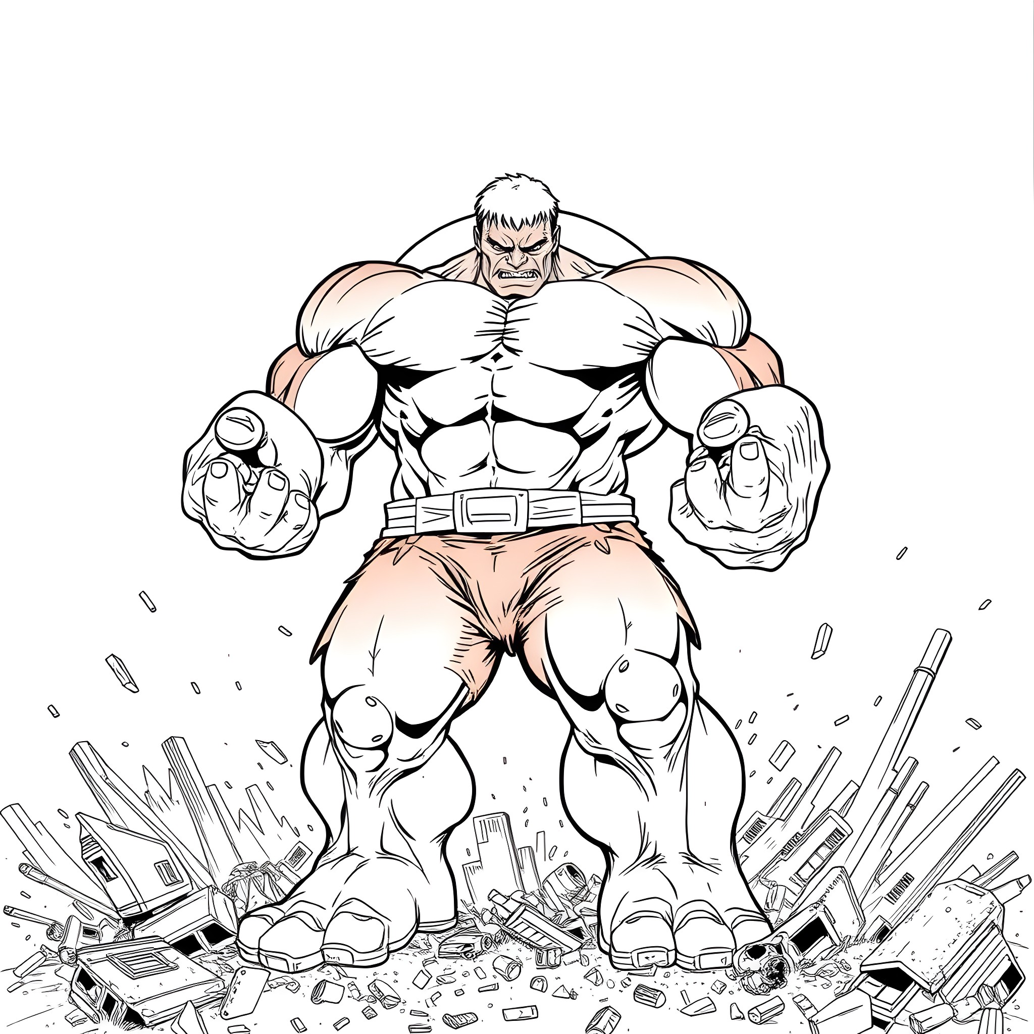 Hulk Smashing Through Debris Coloring Page (free black-and-white line drawing printable PDF for all, from beginners to advanced learners, including children, teens, adults, and seniors)