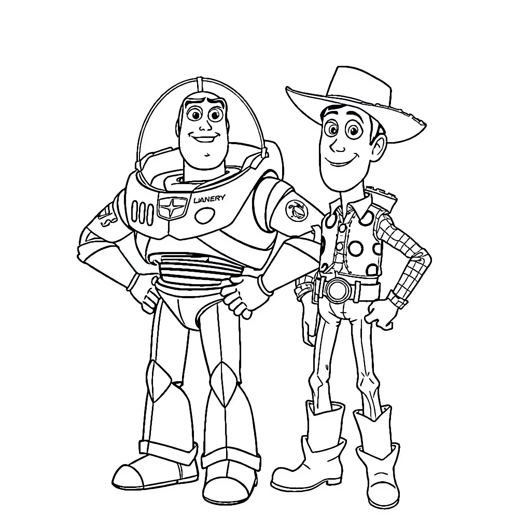 Buzz Lightyear and Woody in action-packed adventure Coloring Page (free black-and-white line drawing printable PDF for all, from beginners to advanced learners, including children, teens, adults, and seniors)