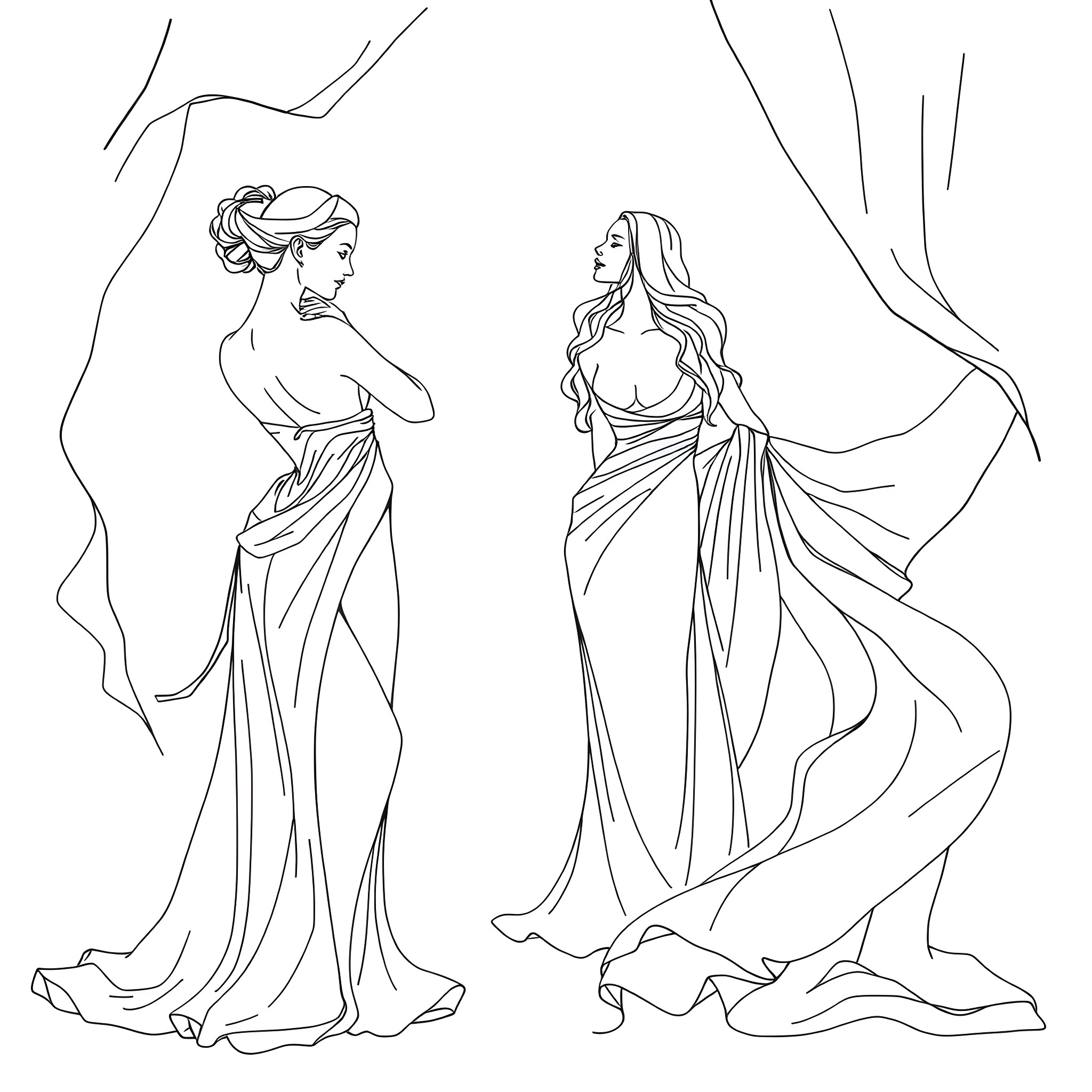 Girls in flowing dresses striking elegant poses Coloring Page (free black-and-white line drawing printable PDF for all, from beginners to advanced learners, including children, teens, adults, and seniors)