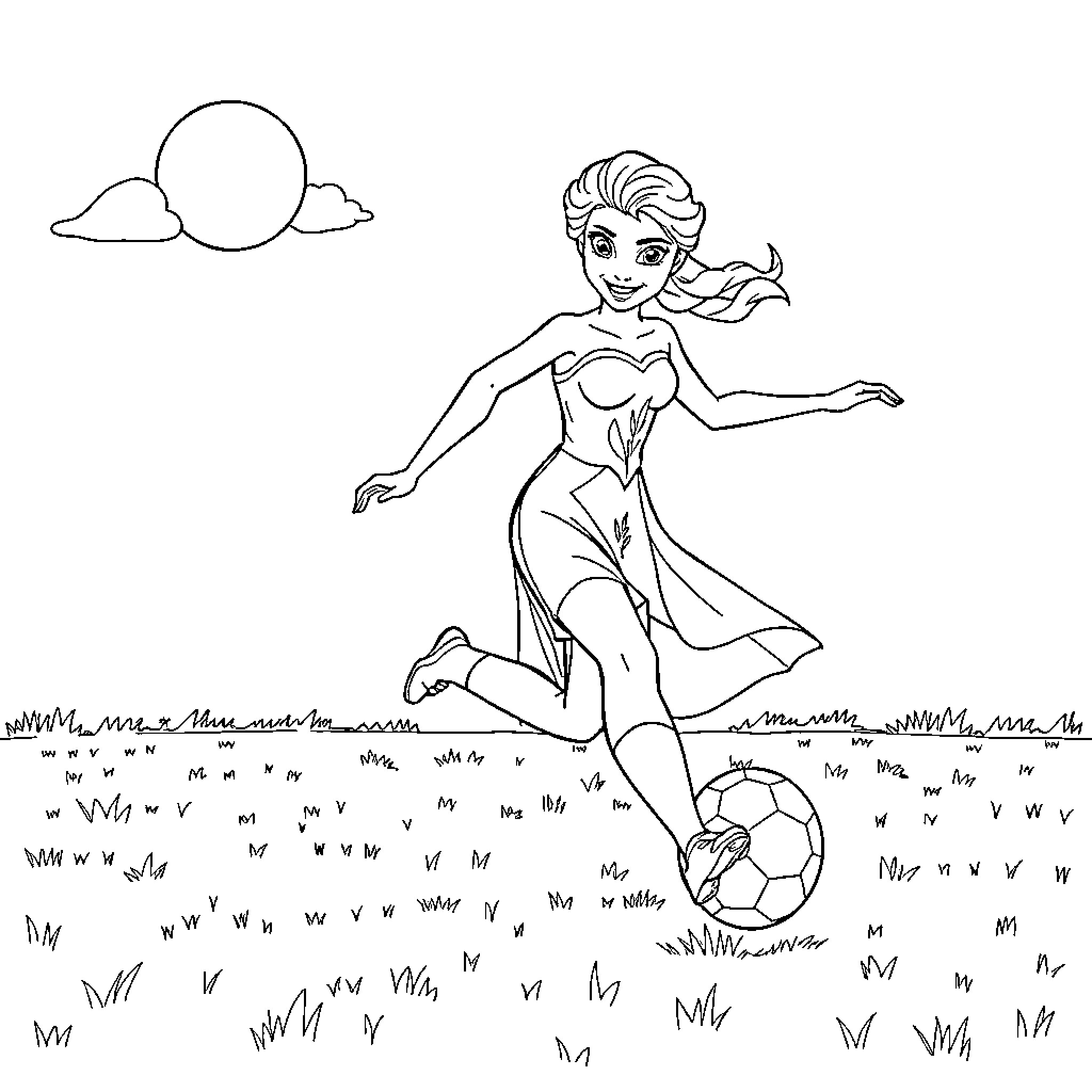 Elsa dancing freely in a field Coloring Page (free black-and-white line drawing printable PDF for all, from beginners to advanced learners, including children, teens, adults, and seniors)