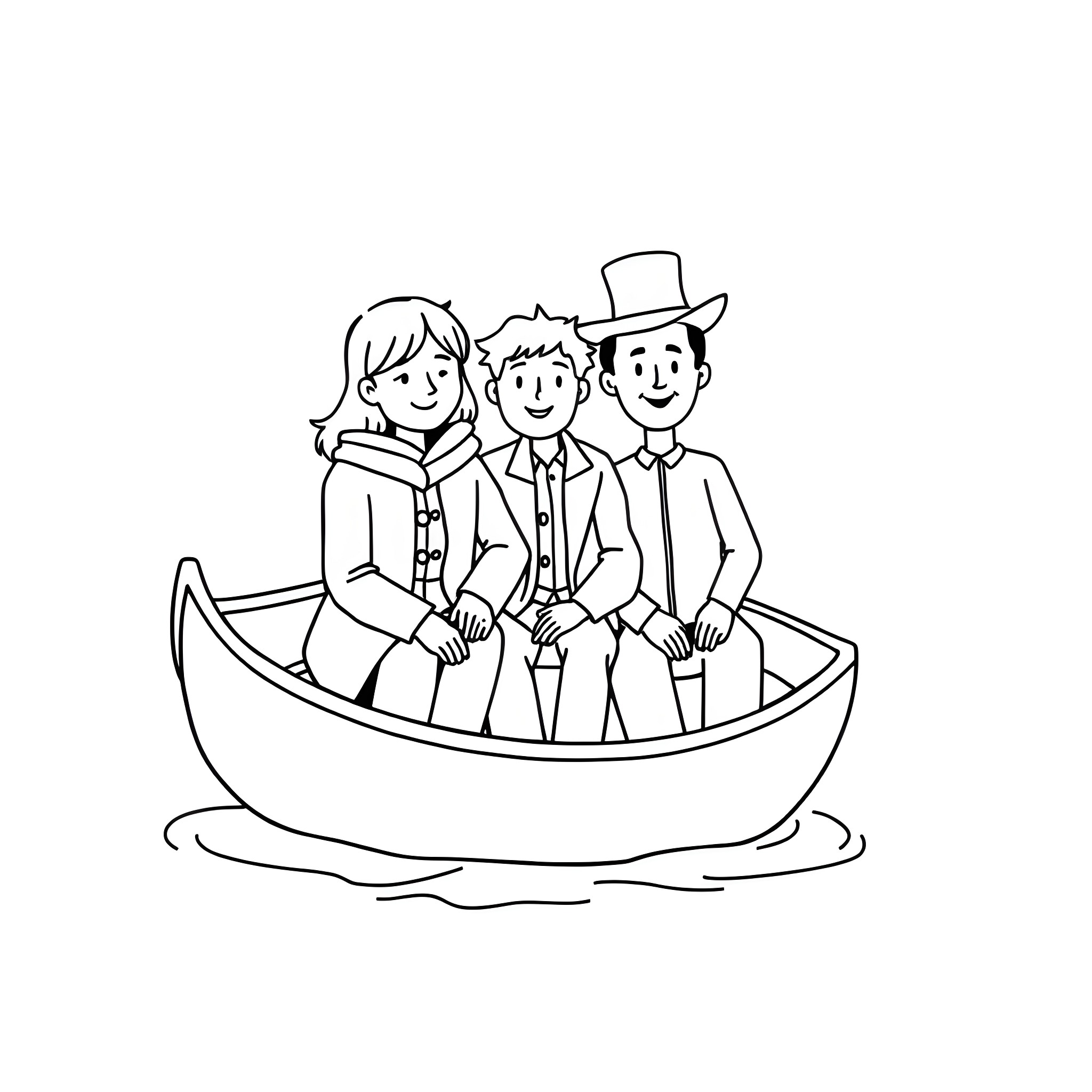 Boat carrying people in formal attire Coloring Page (free black-and-white line drawing printable PDF for all, from beginners to advanced learners, including children, teens, adults, and seniors)