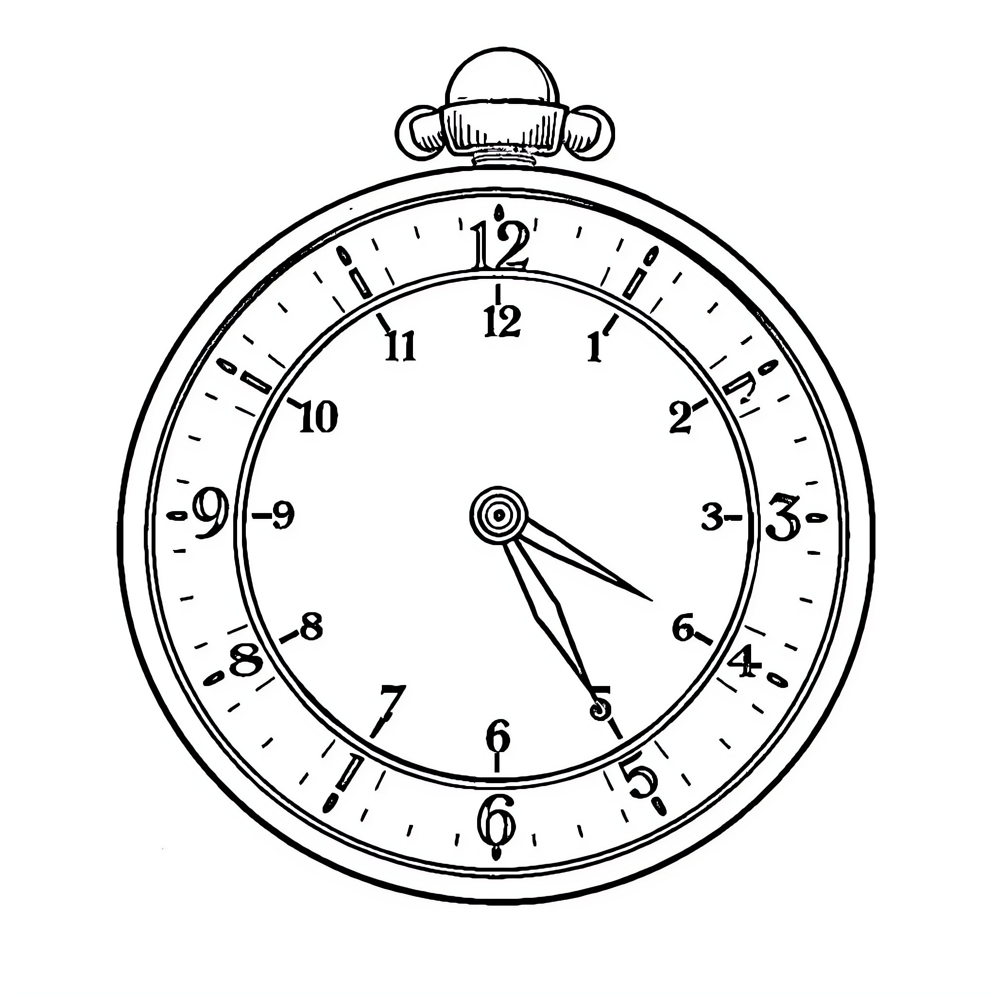 Clock with hands pointing to time Coloring Page (free black-and-white line drawing printable PDF for all, from beginners to advanced learners, including children, teens, adults, and seniors)