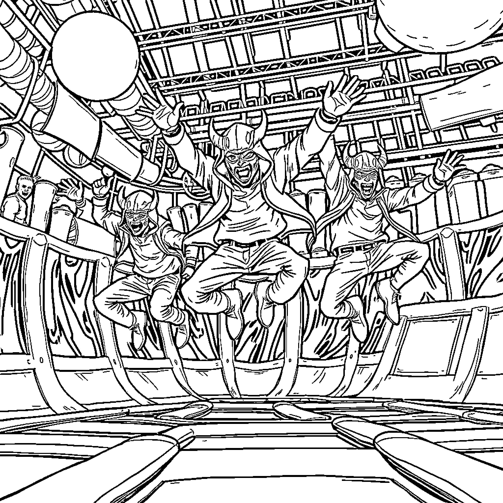 Demon Hunters leaping into action Coloring Page (free black-and-white line drawing printable PDF for all, from beginners to advanced learners, including children, teens, adults, and seniors)