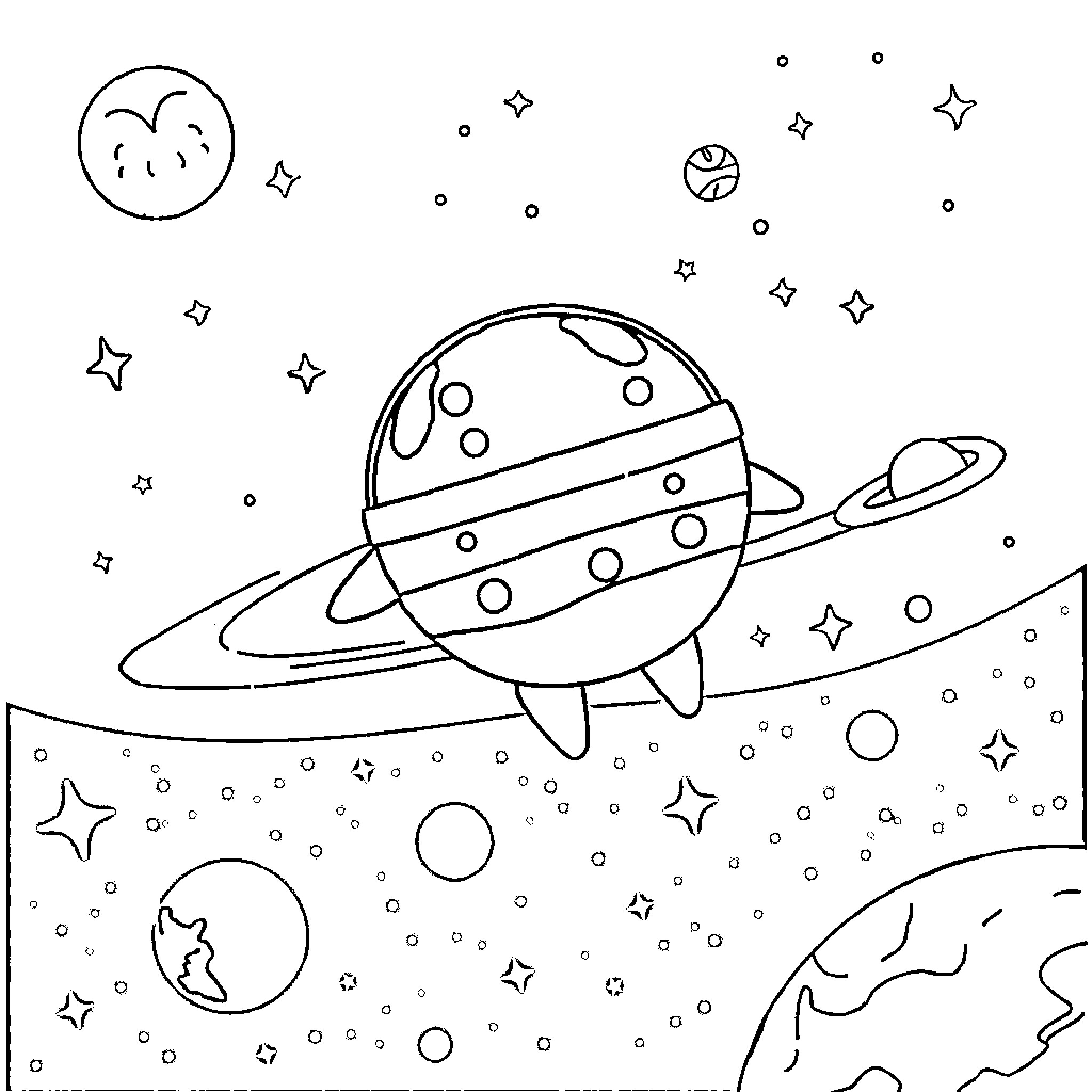 Labubu's Interstellar Adventure Coloring Page (free black-and-white line drawing printable PDF for all, from beginners to advanced learners, including children, teens, adults, and seniors)