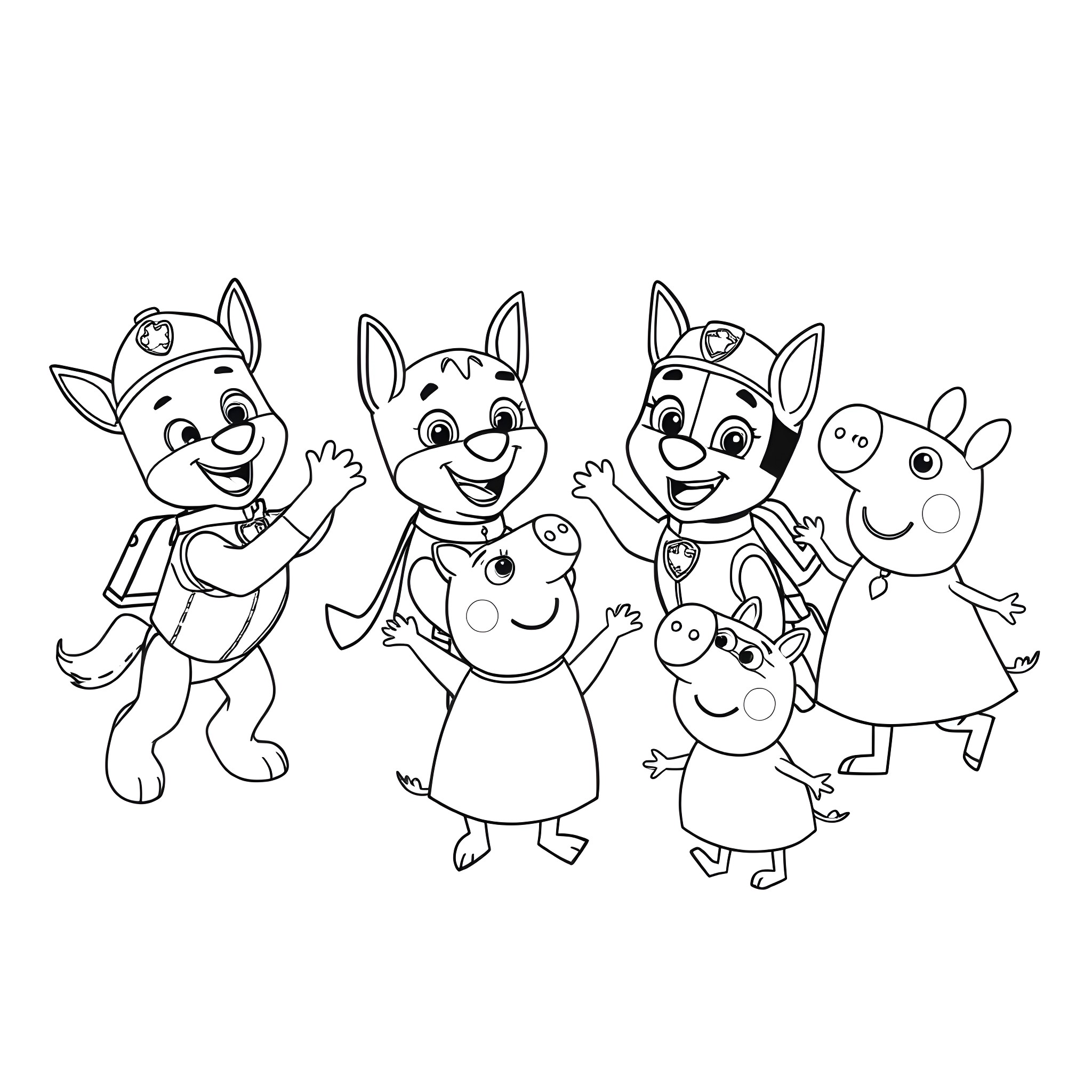 Paw Patrol characters in action poses Coloring Page (free black-and-white line drawing printable PDF for all, from beginners to advanced learners, including children, teens, adults, and seniors)