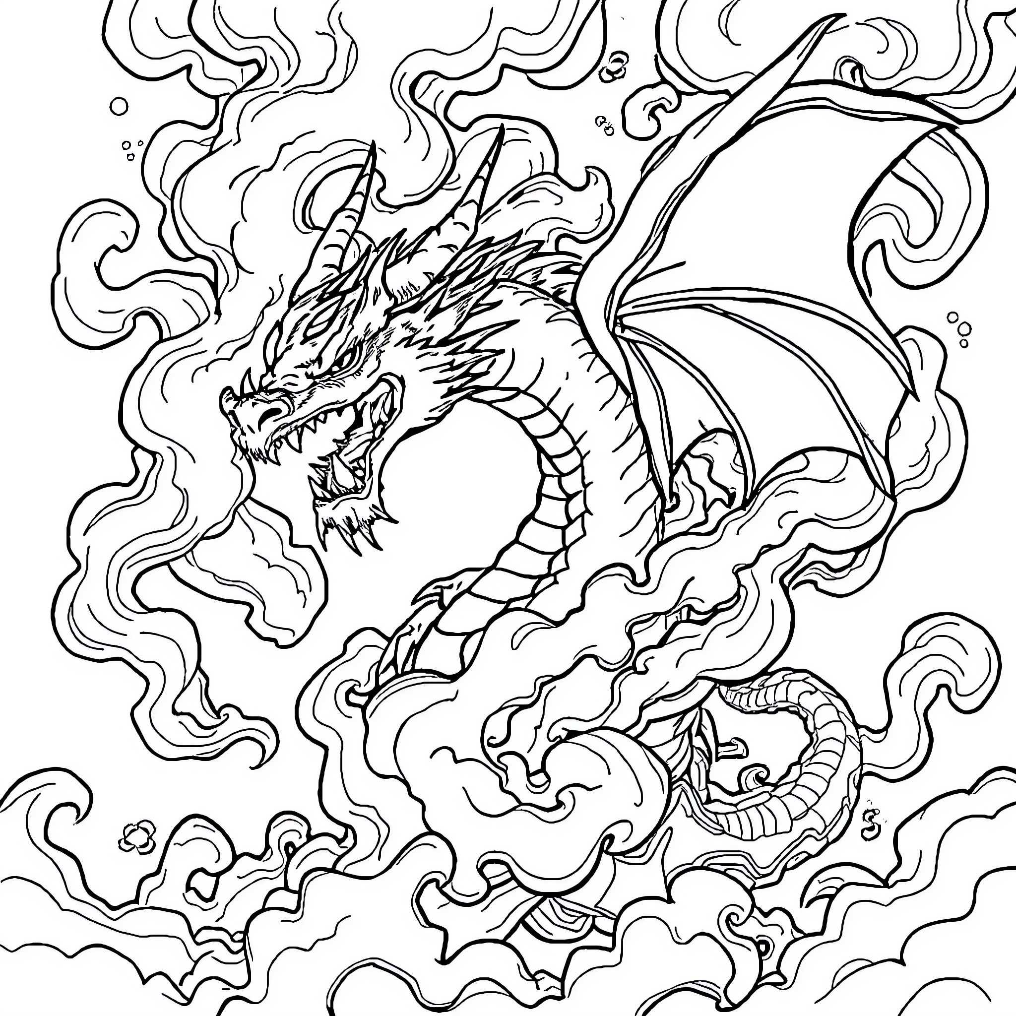 Dragon Unleashing Fiery Fury in Swirling Storm Coloring Page (free black-and-white line drawing printable PDF for all, from beginners to advanced learners, including children, teens, adults, and seniors)