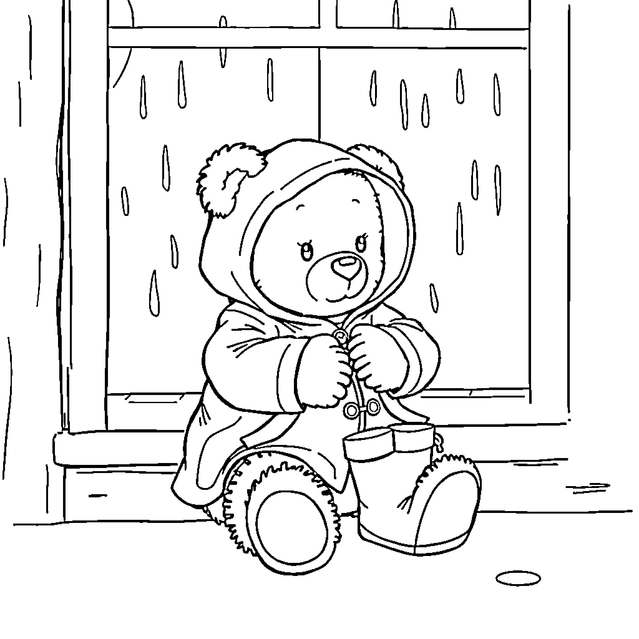 Teddy Bear sitting alone in the rain Coloring Page (free black-and-white line drawing printable PDF for all, from beginners to advanced learners, including children, teens, adults, and seniors)