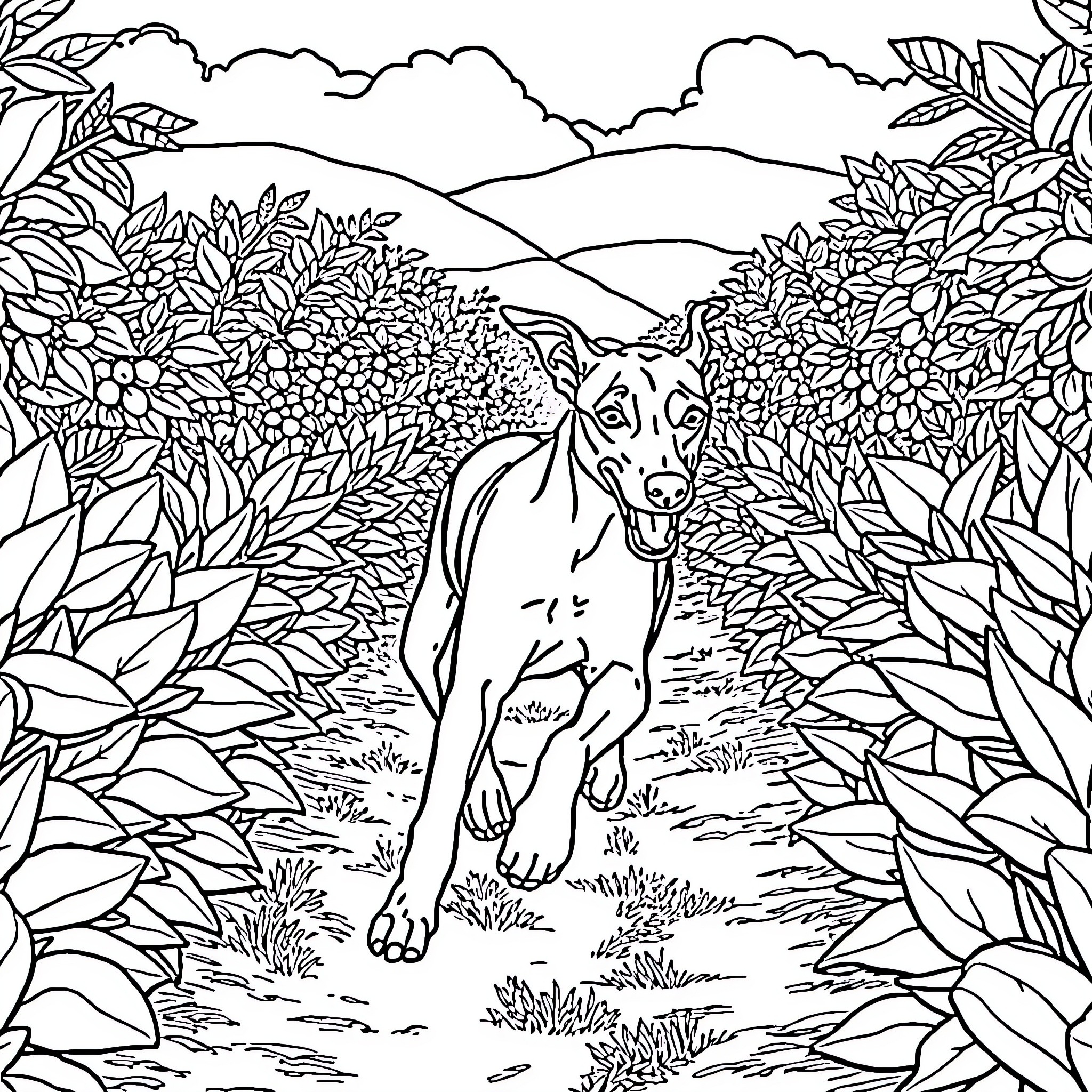 Whippet exploring lush landscape Coloring Page (free black-and-white line drawing printable PDF for all, from beginners to advanced learners, including children, teens, adults, and seniors)