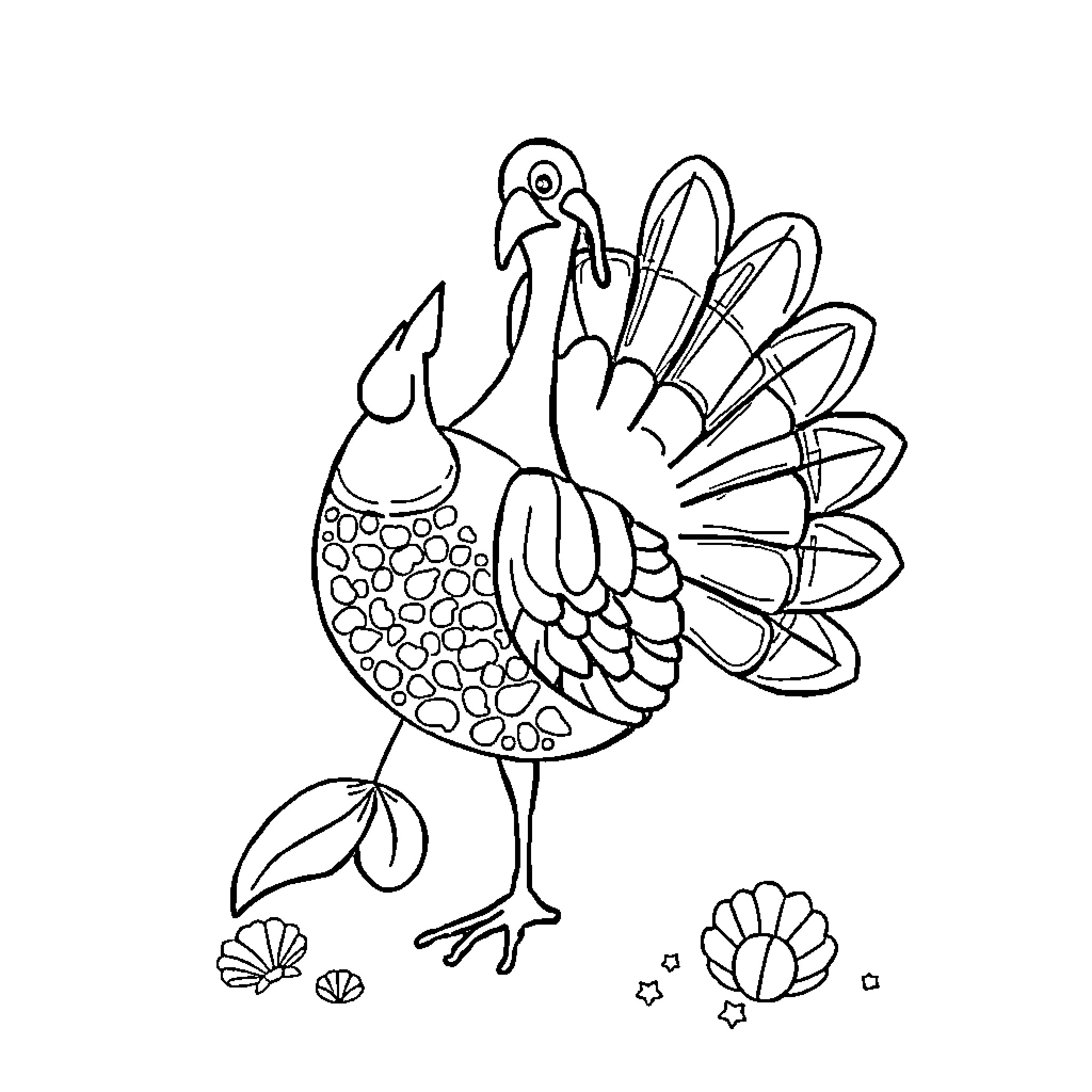 Turkey with decorative feathers and flowers Coloring Page (free black-and-white line drawing printable PDF for all, from beginners to advanced learners, including children, teens, adults, and seniors)