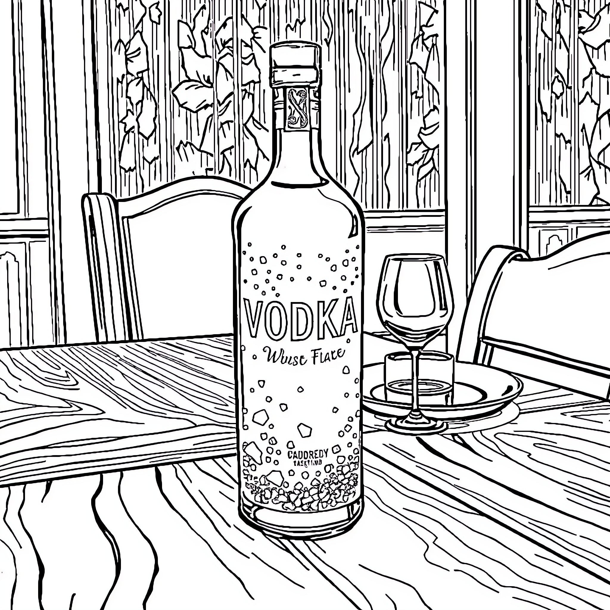 Vodka Bottle with Glass on Wooden Table Coloring Page (free black-and-white line drawing printable PDF for all, from beginners to advanced learners, including children, teens, adults, and seniors)